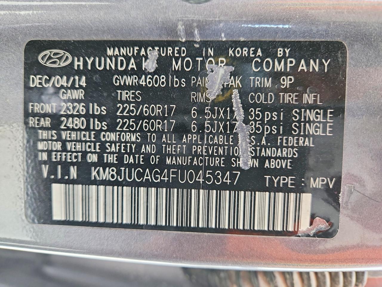 2015 Hyundai Tucson Se Gray vin: KM8JUCAG4FU045347