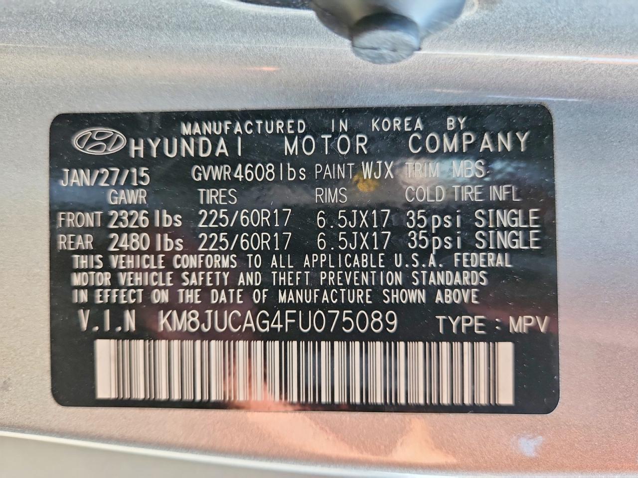 2015 Hyundai Tucson Se Gray vin: KM8JUCAG4FU075089
