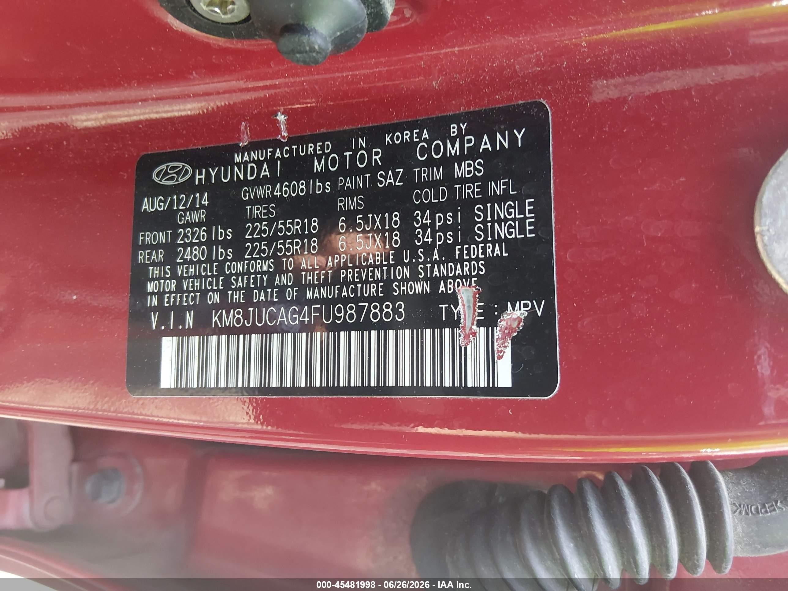 2015 Hyundai Tucson Limited Red vin: KM8JUCAG4FU987883