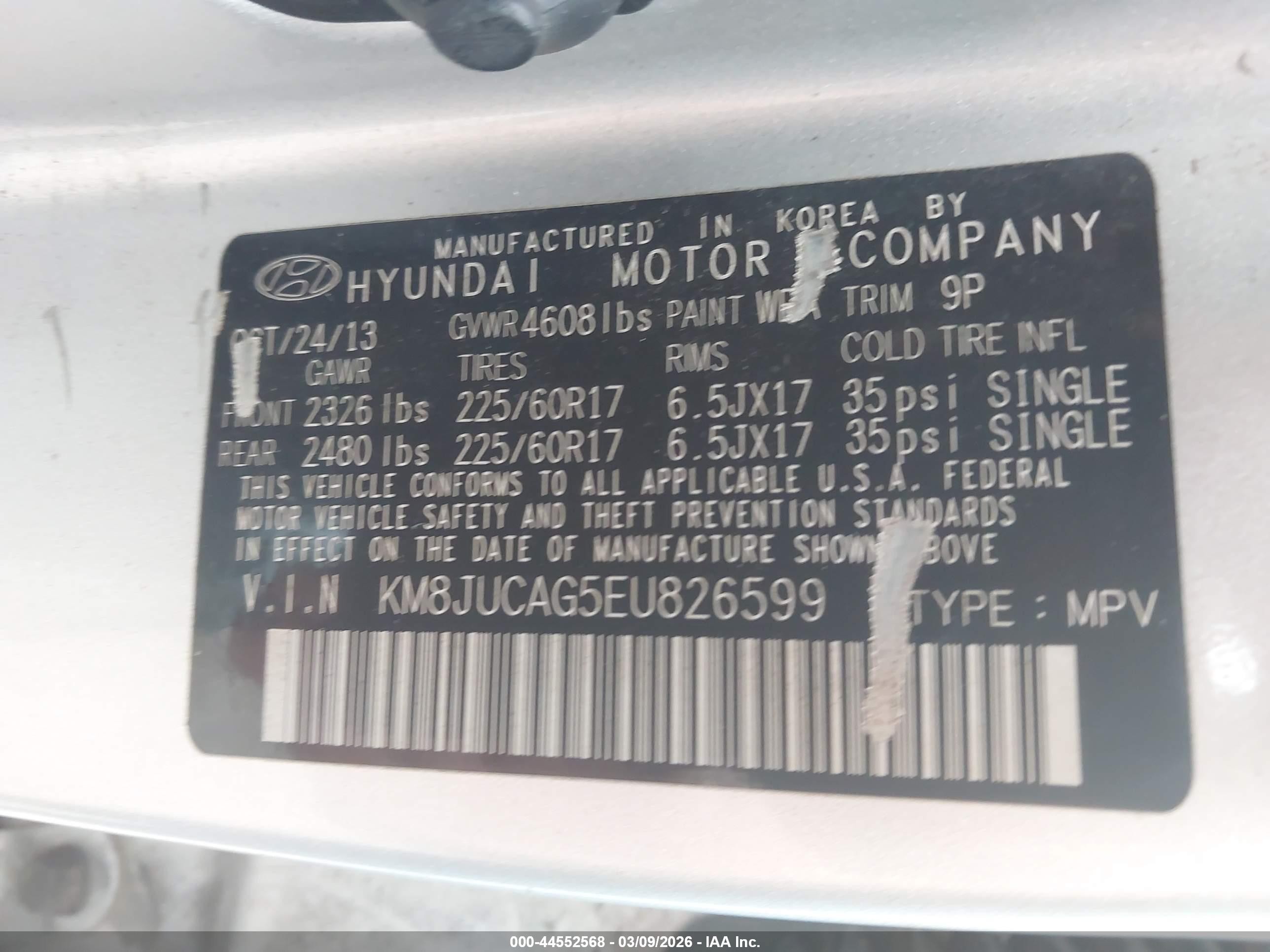 2014 Hyundai Tucson Se Silver vin: KM8JUCAG5EU826599