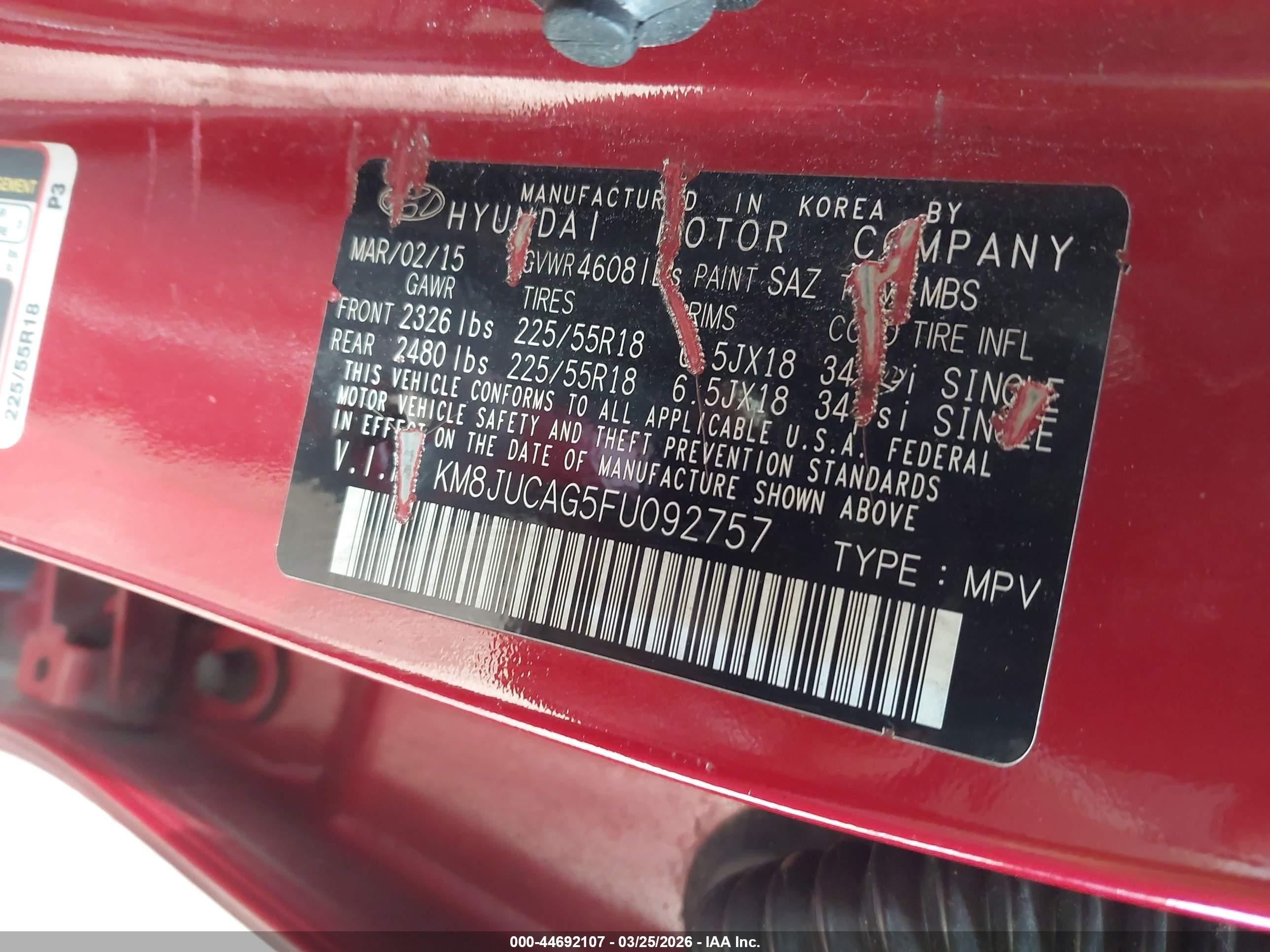 2015 Hyundai Tucson Limited Red vin: KM8JUCAG5FU092757