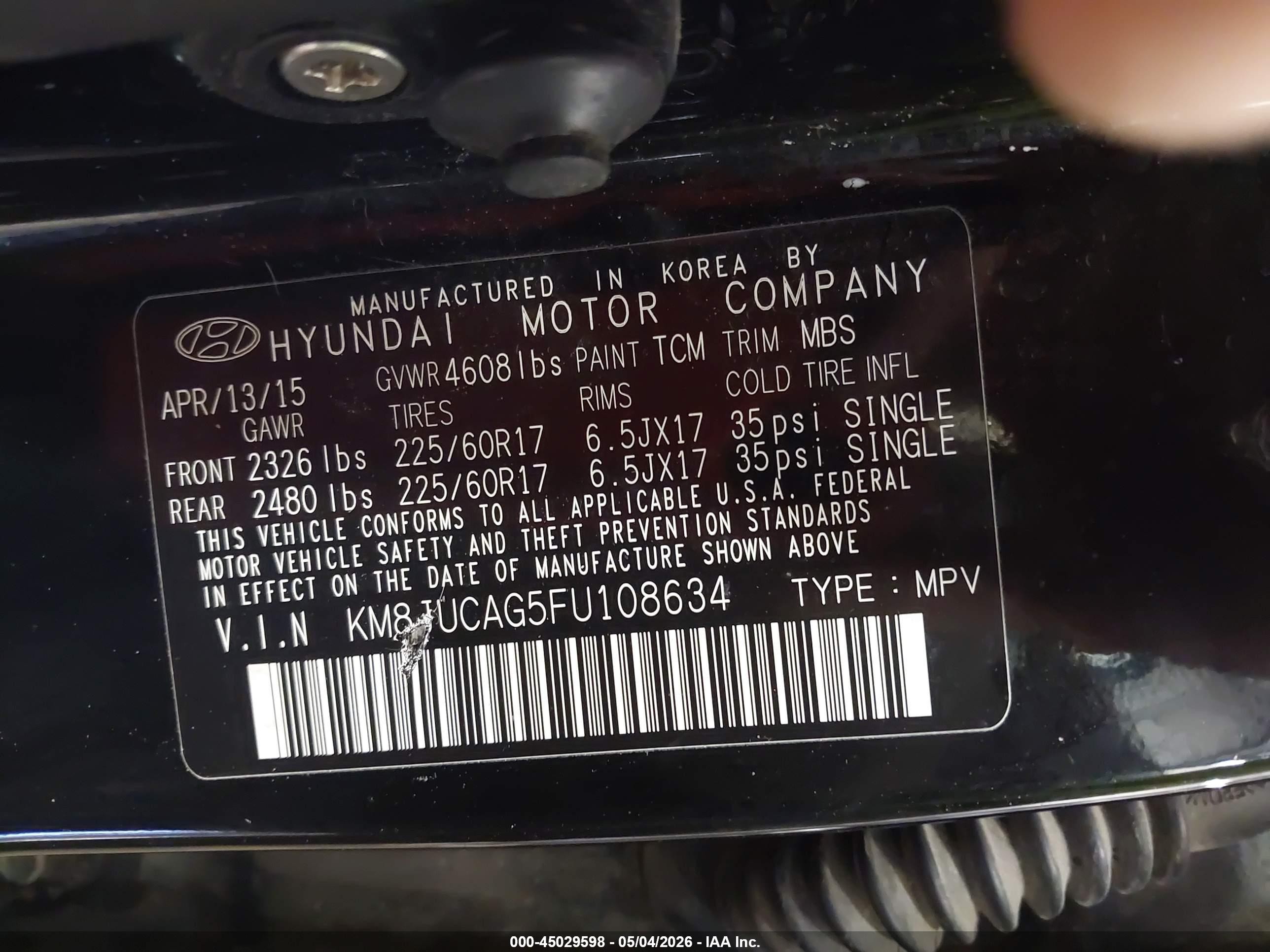 2015 Hyundai Tucson Se Black vin: KM8JUCAG5FU108634