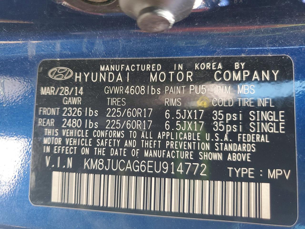2014 Hyundai Tucson Se Синий vin: KM8JUCAG6EU914772