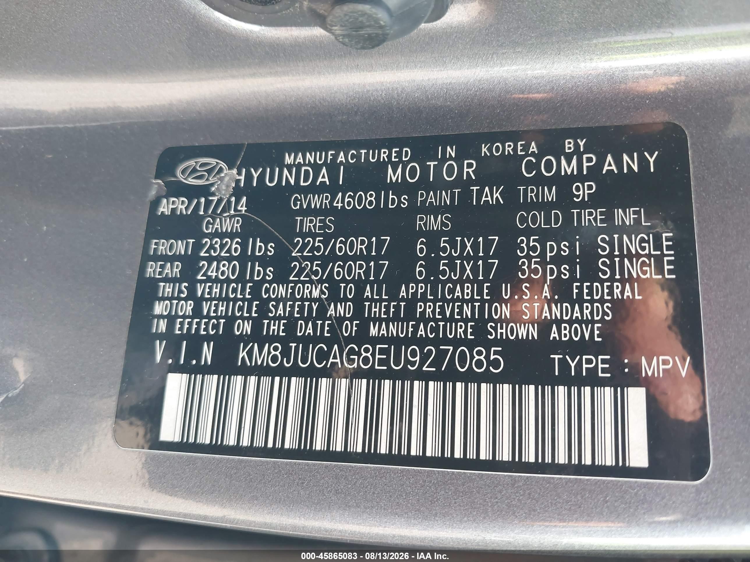 2014 Hyundai Tucson Se Серый vin: KM8JUCAG8EU927085