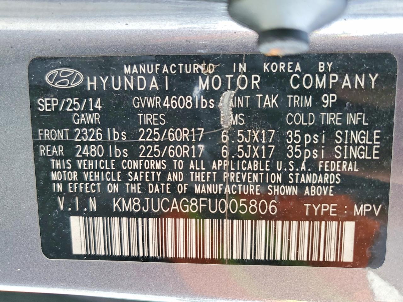 2015 Hyundai Tucson Se Серебряный vin: KM8JUCAG8FU005806