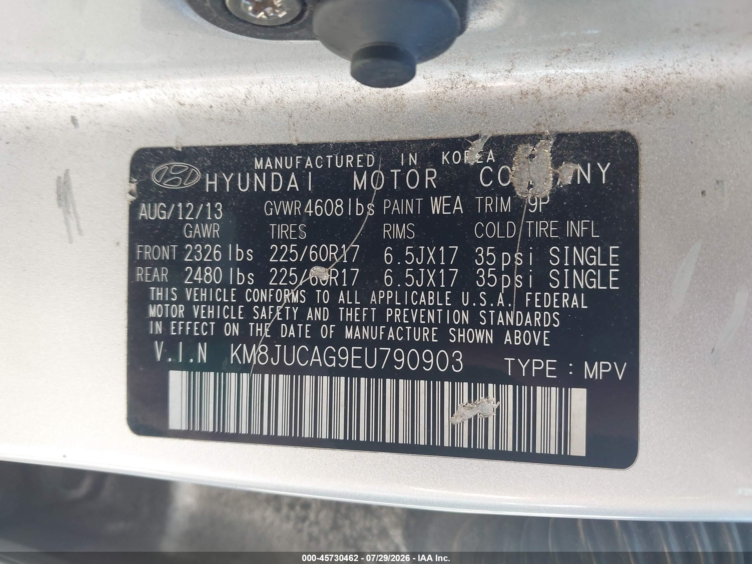 2014 Hyundai Tucson Se Silver vin: KM8JUCAG9EU790903