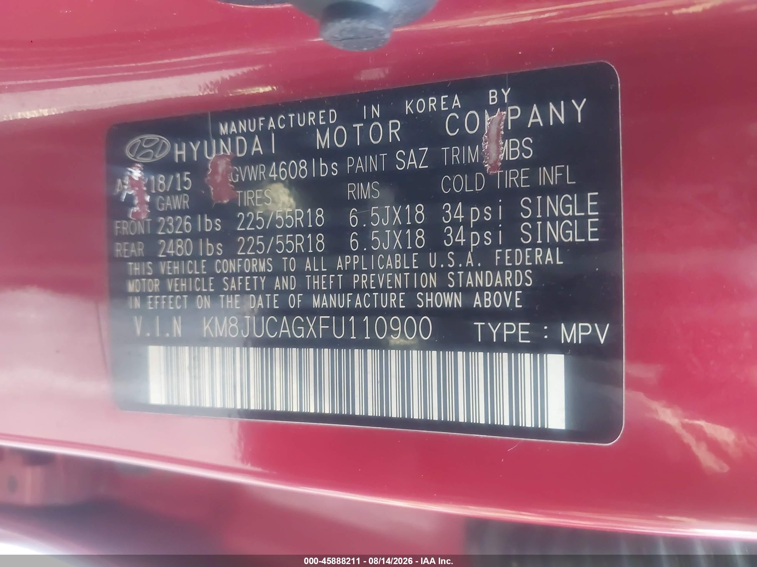 2015 Hyundai Tucson Limited Red vin: KM8JUCAGXFU110900
