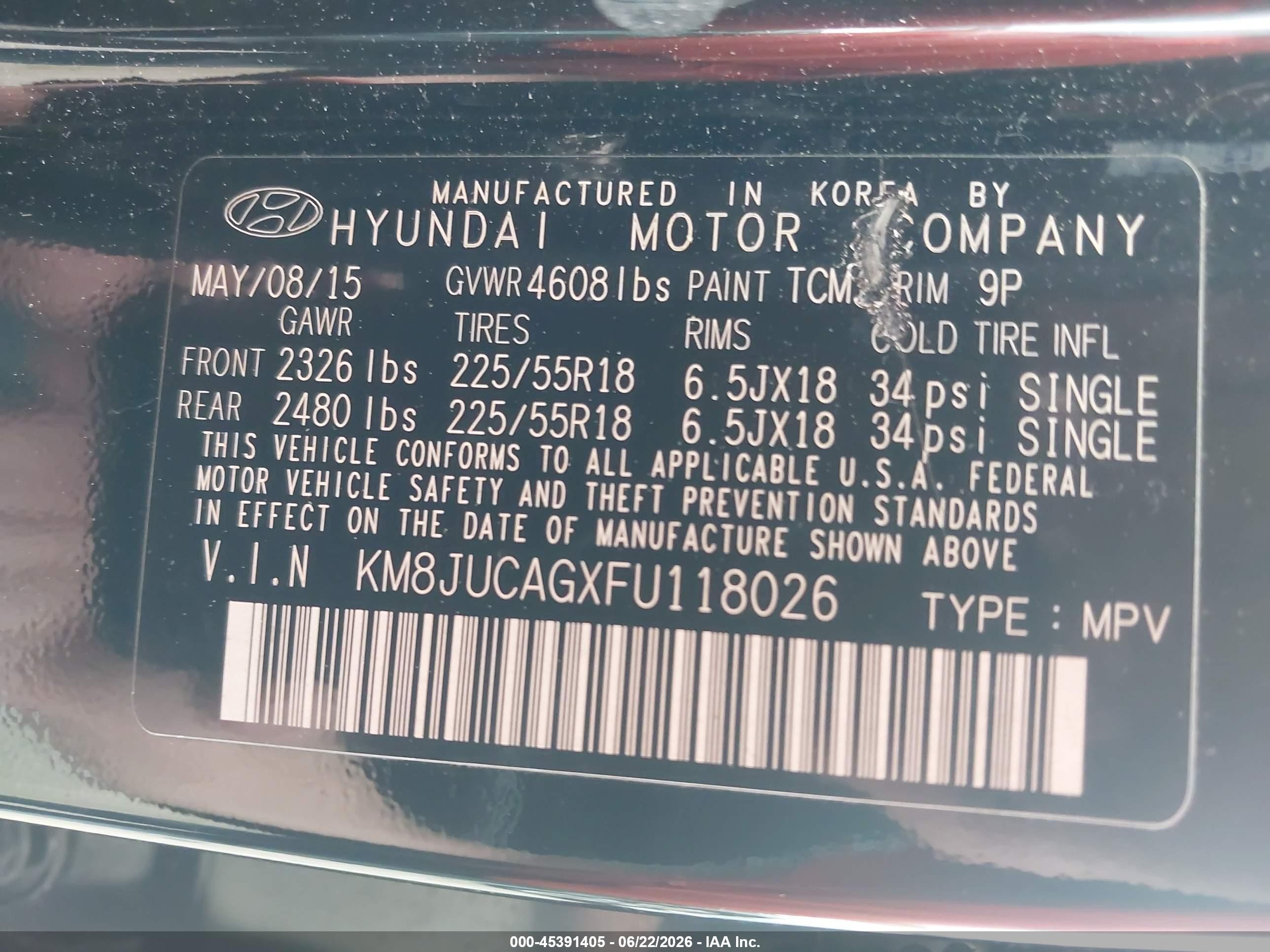 2015 Hyundai Tucson Limited Black vin: KM8JUCAGXFU118026