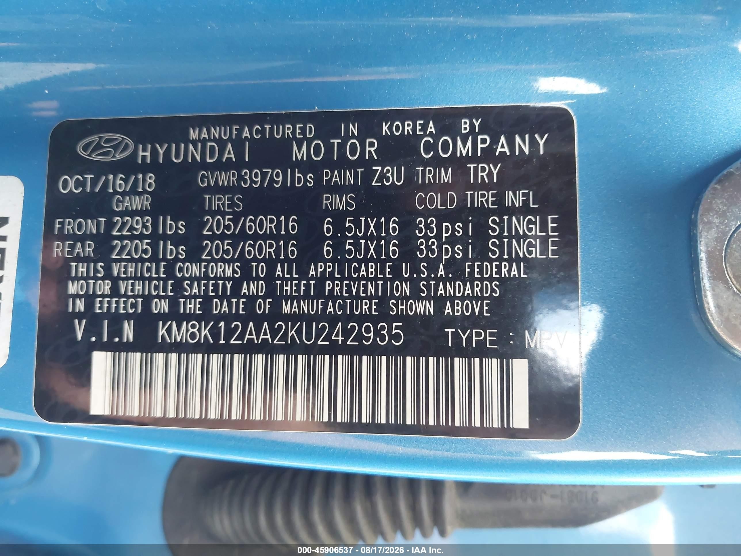 2019 Hyundai Kona Se Синий vin: KM8K12AA2KU242935