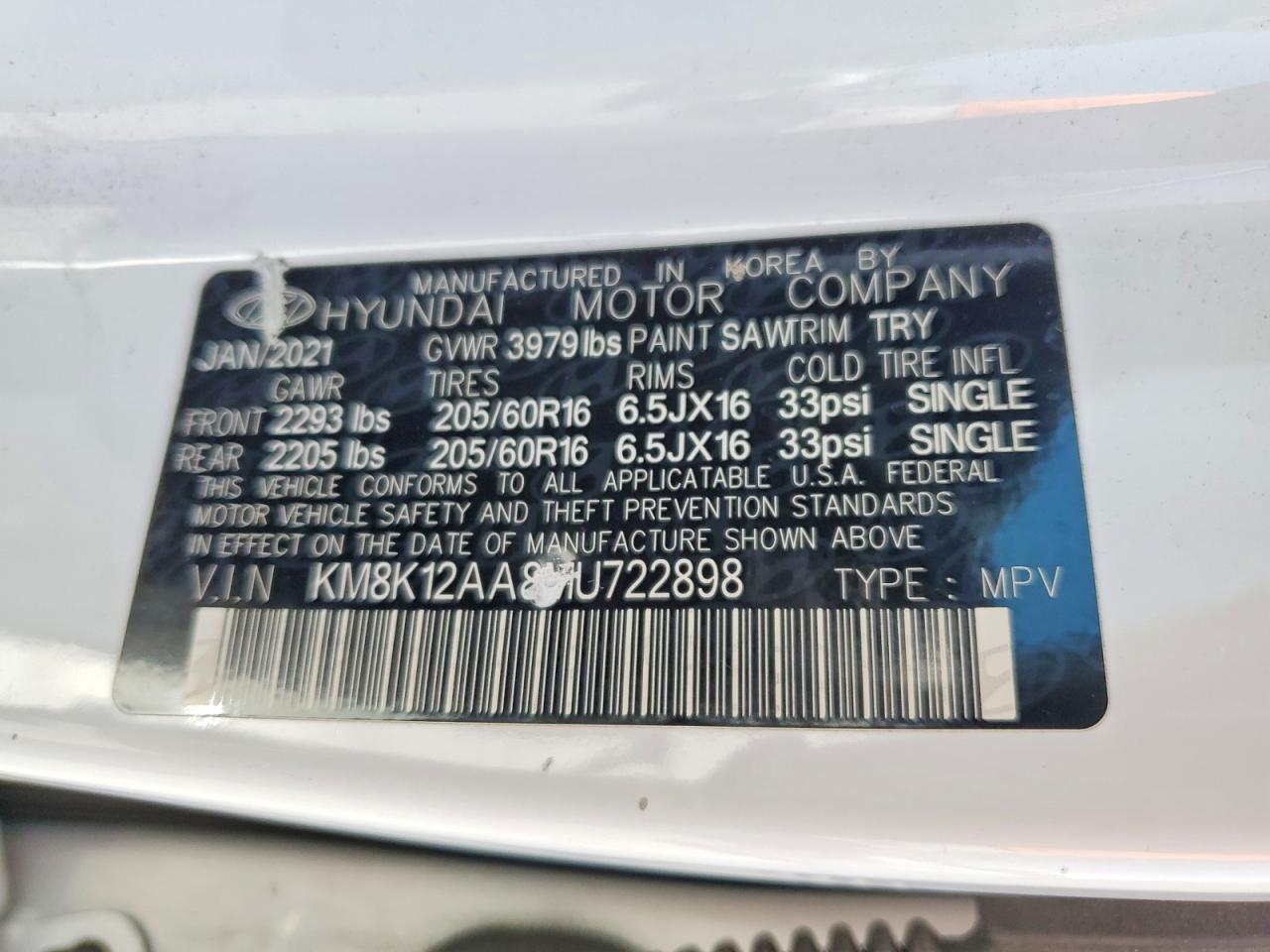 2021 Hyundai Kona Se White vin: KM8K12AA8MU722898