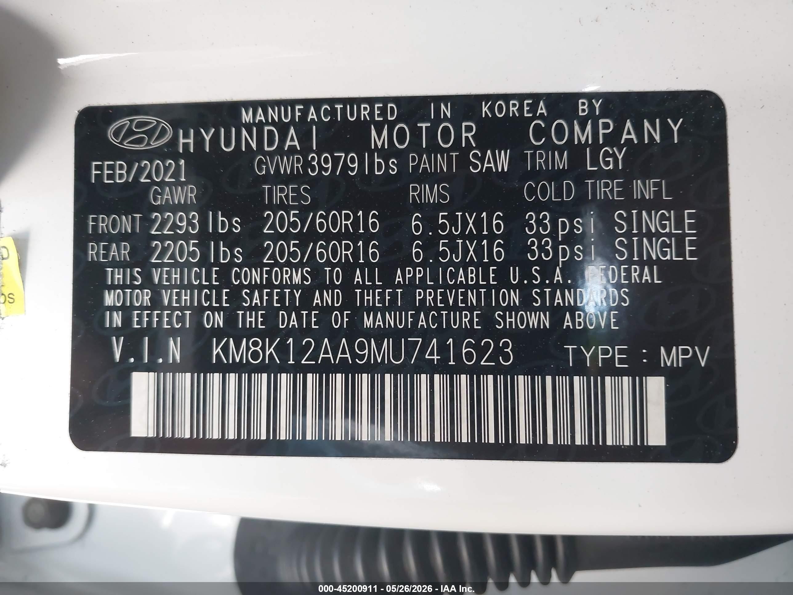 2021 Hyundai Kona Se White vin: KM8K12AA9MU741623