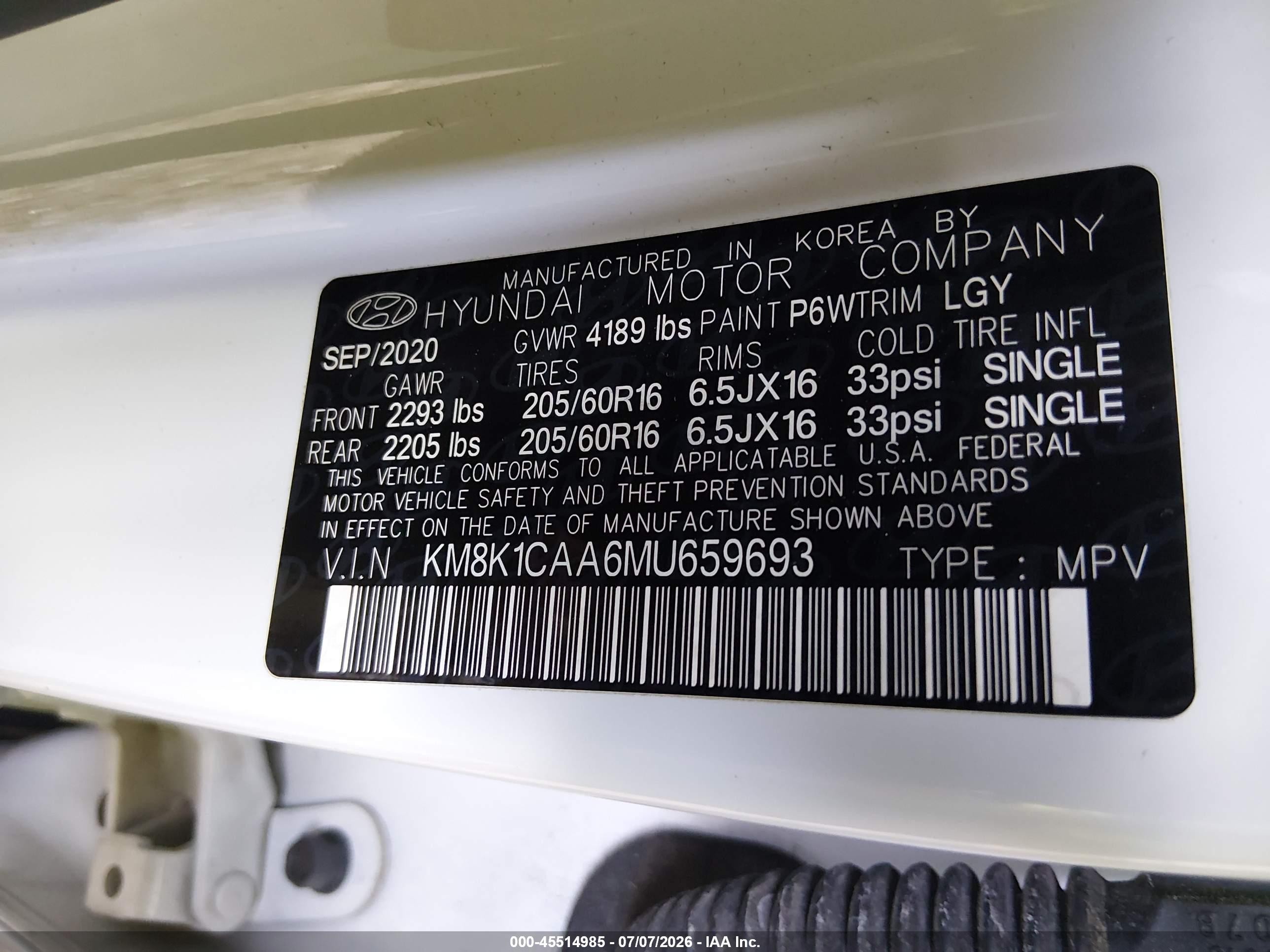 2021 Hyundai Kona Se White vin: KM8K1CAA6MU659693