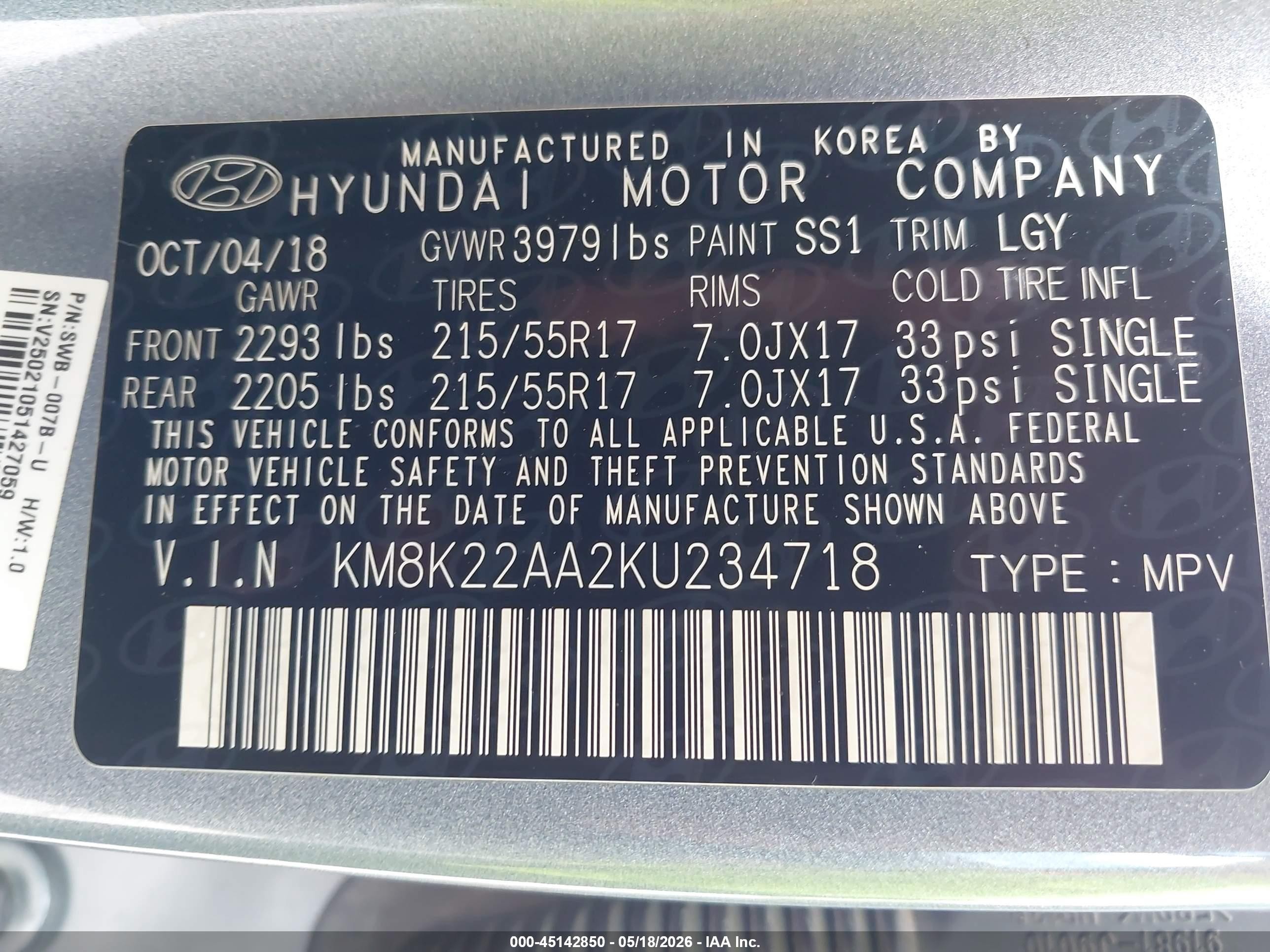 2019 Hyundai Kona Sel Gray vin: KM8K22AA2KU234718