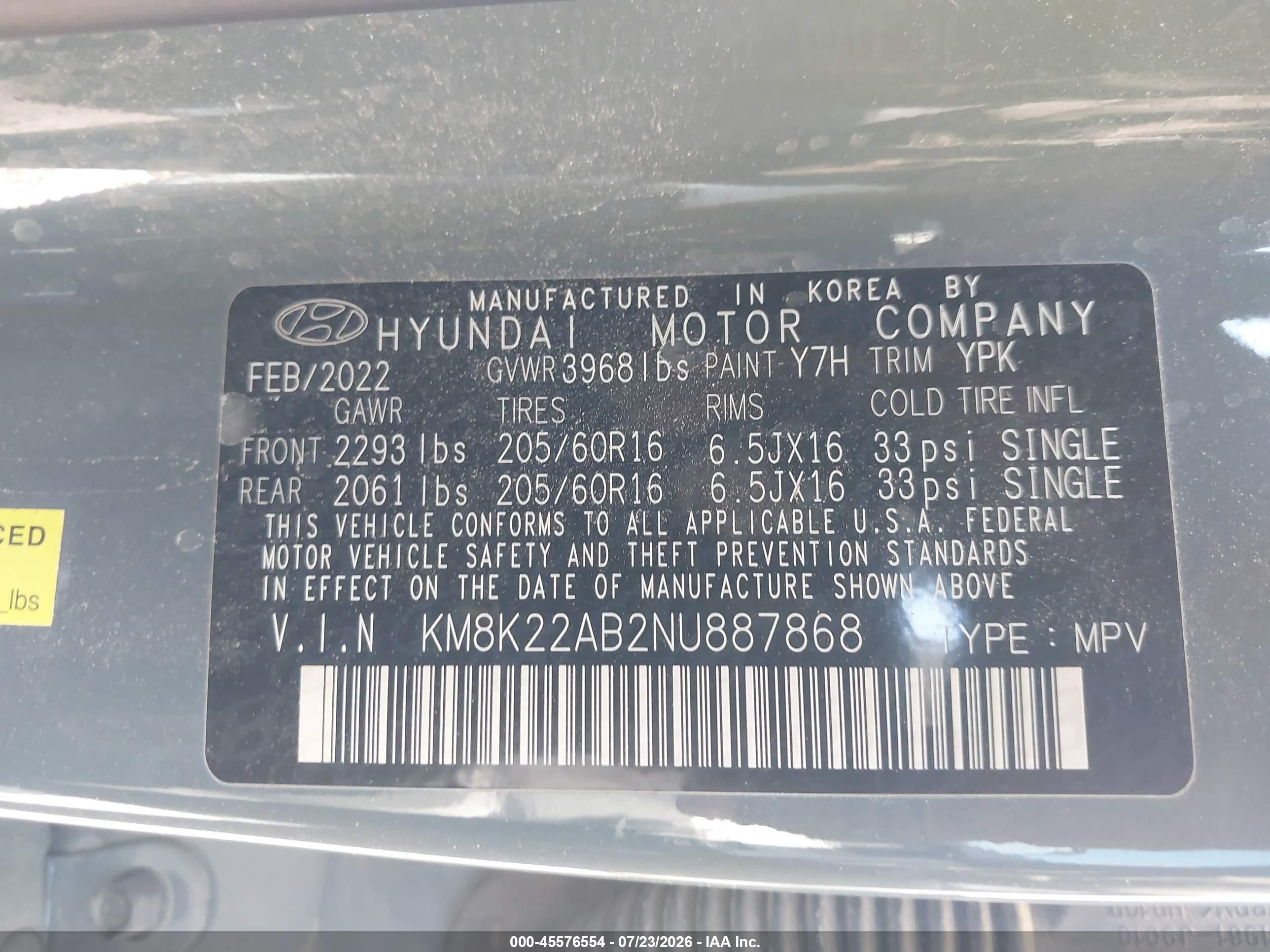 2022 Hyundai Kona Se Green vin: KM8K22AB2NU887868