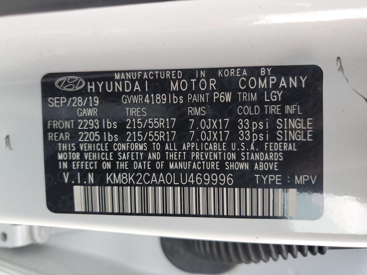 2020 Hyundai Kona Sel White vin: KM8K2CAA0LU469996