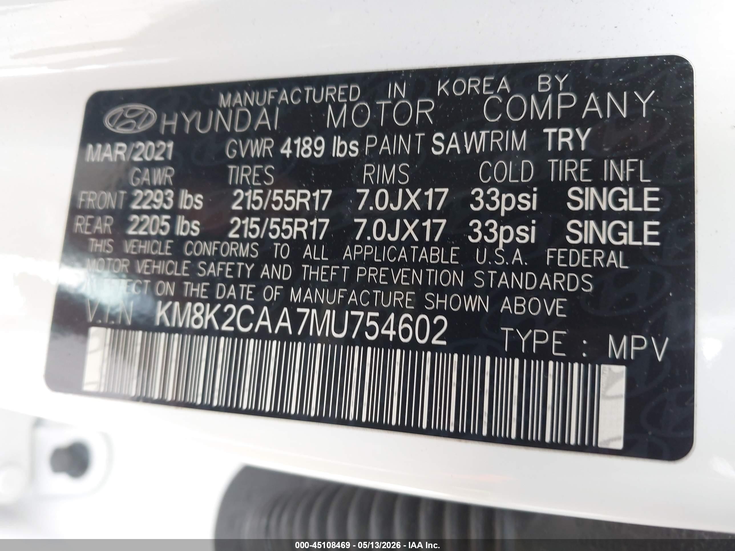 2021 Hyundai Kona Sel Белый vin: KM8K2CAA7MU754602