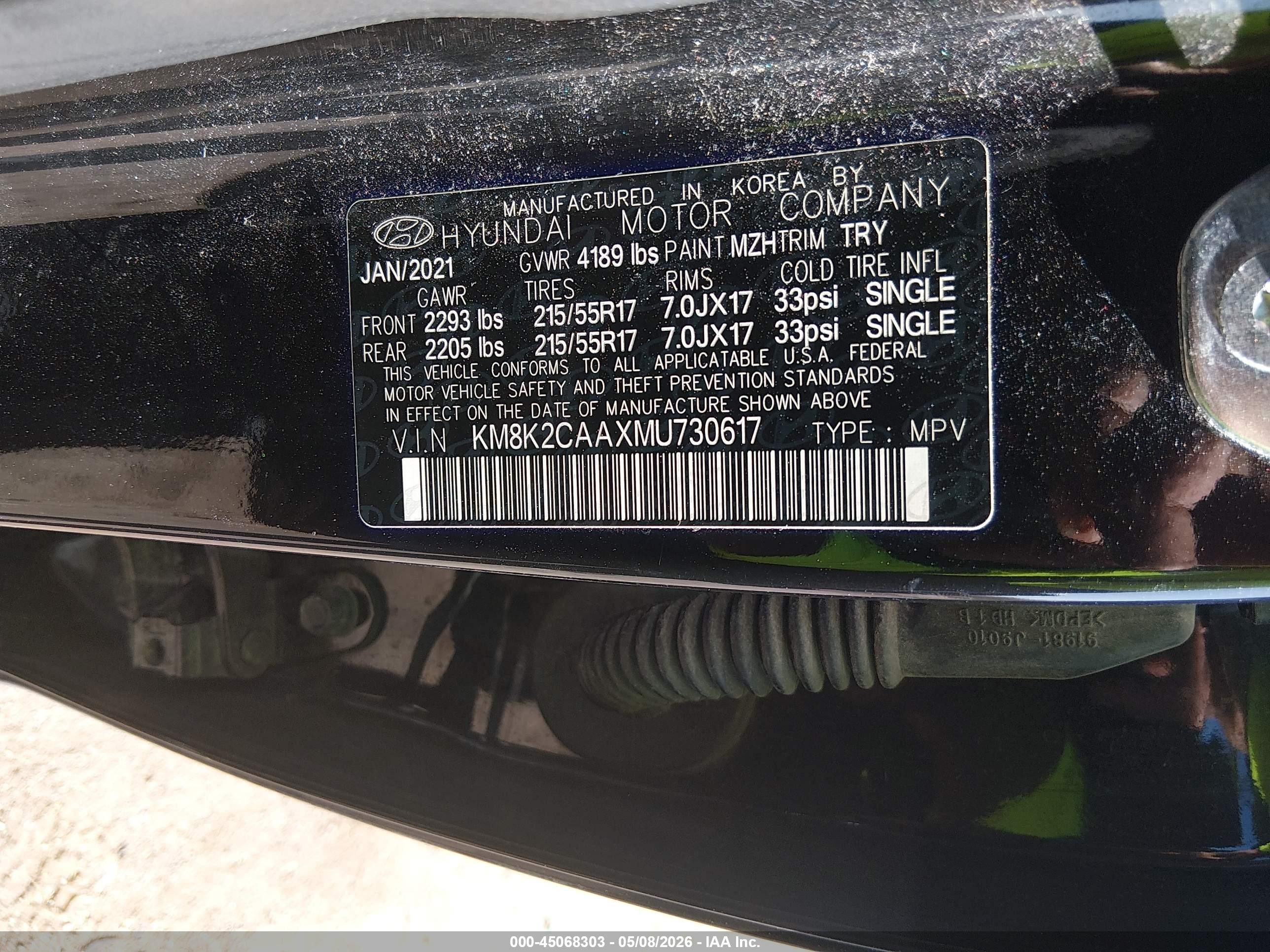 2021 Hyundai Kona Sel Black vin: KM8K2CAAXMU730617