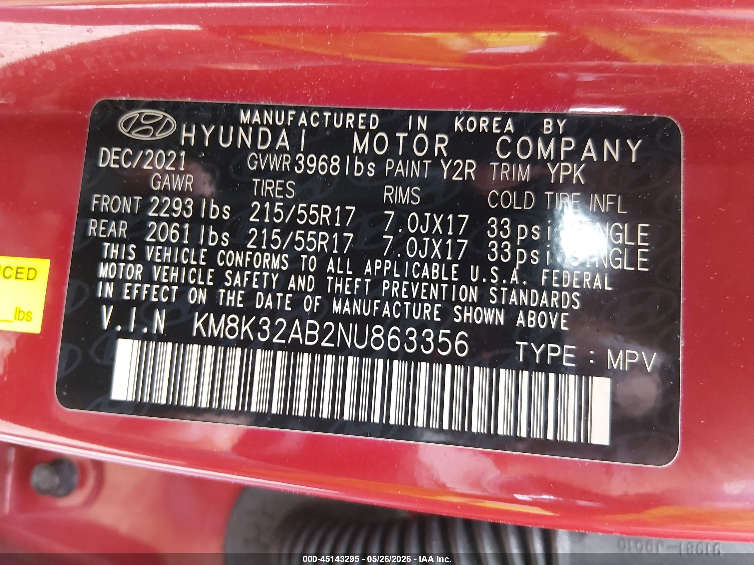 2022 Hyundai Kona Sel Red vin: KM8K32AB2NU863356