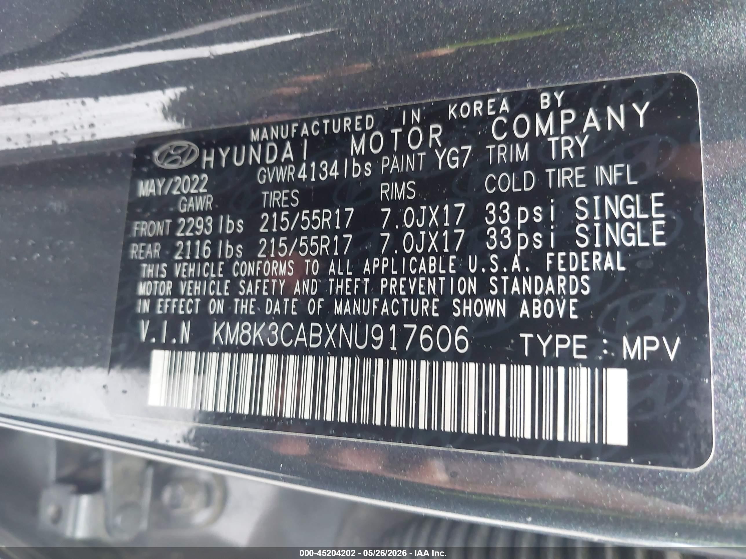 2022 Hyundai Kona Sel Gray vin: KM8K3CABXNU917606
