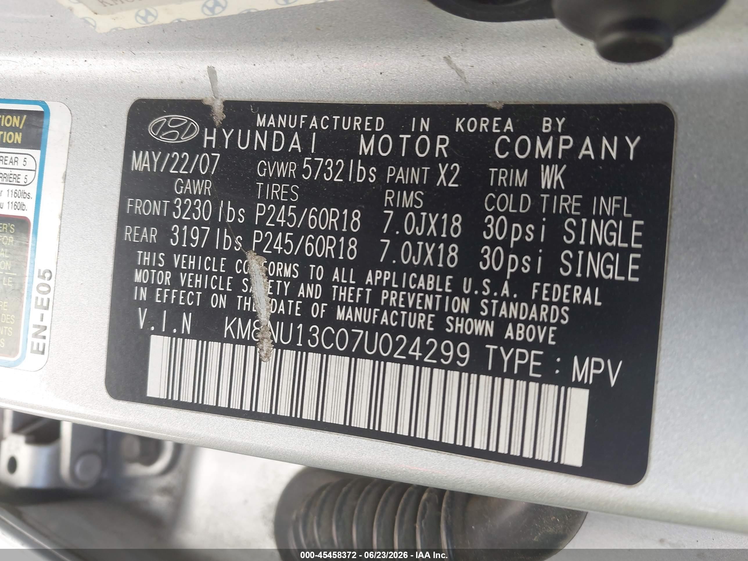 2007 Hyundai Veracruz Gls/limited/se Silver vin: KM8NU13C07U024299