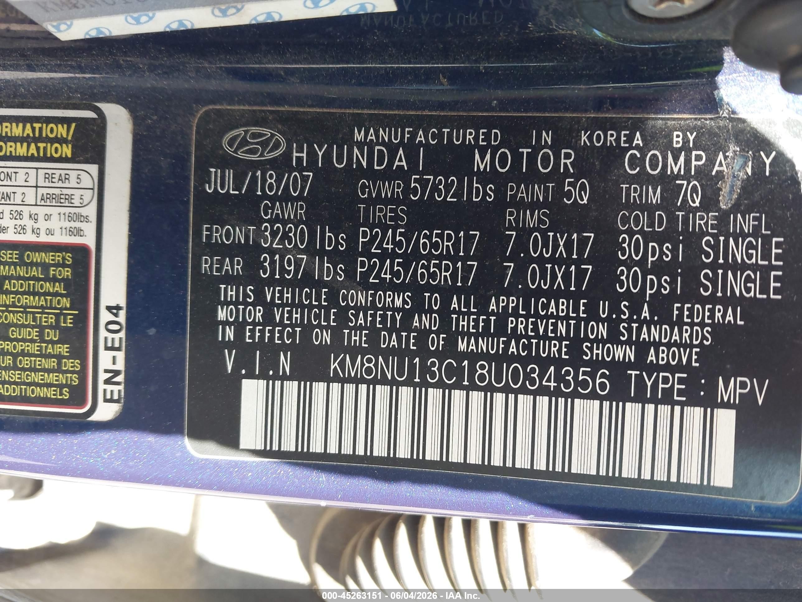2008 Hyundai Veracruz Gls/limited/se Blue vin: KM8NU13C18U034356