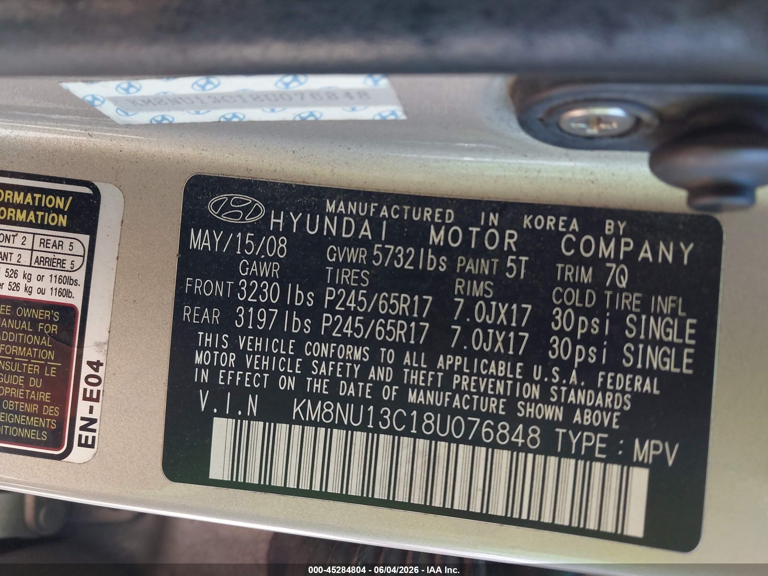 2008 Hyundai Veracruz Gls/limited/se Tan vin: KM8NU13C18U076848