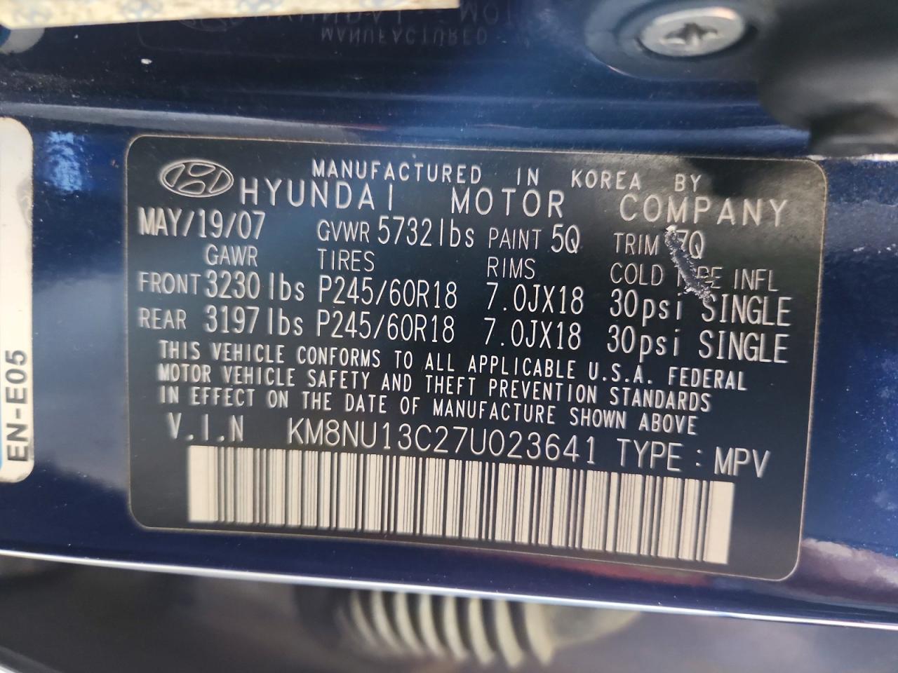 2007 Hyundai Veracruz Gls Blue vin: KM8NU13C27U023641
