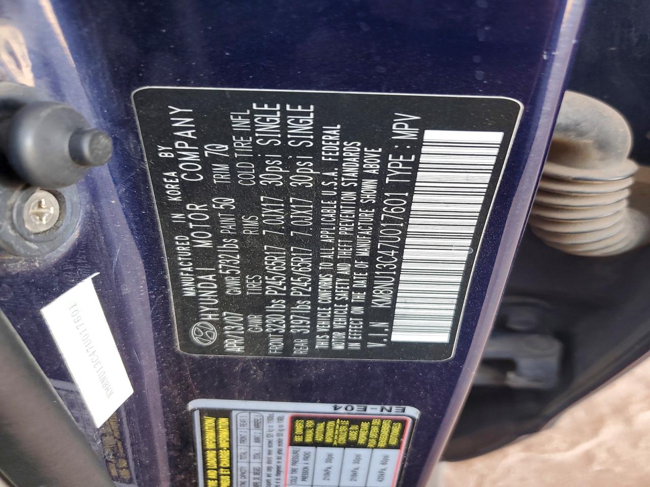 2007 Hyundai Veracruz Gls Blue vin: KM8NU13C47U017601