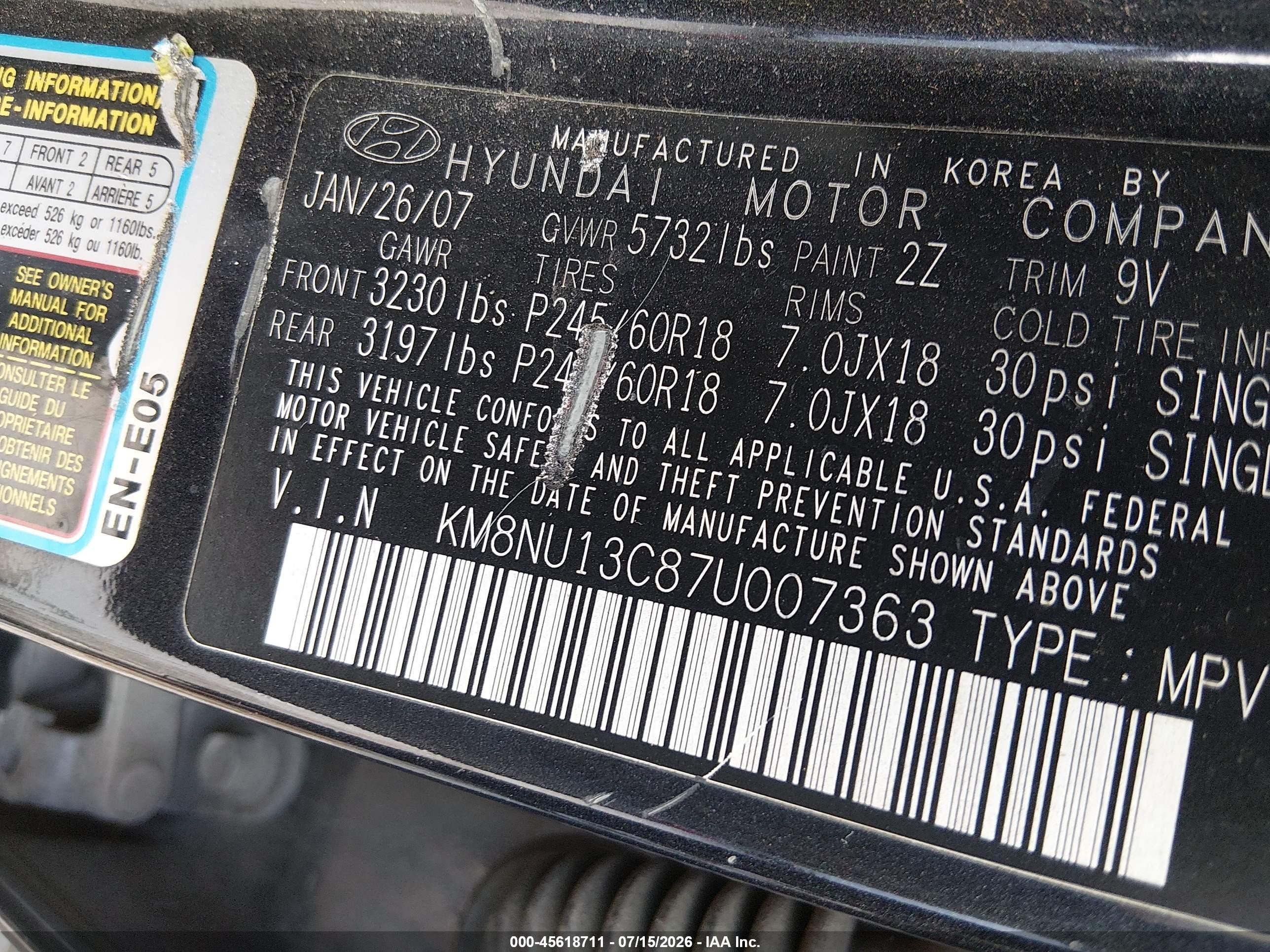 2007 Hyundai Veracruz Gls/limited/se Black vin: KM8NU13C87U007363