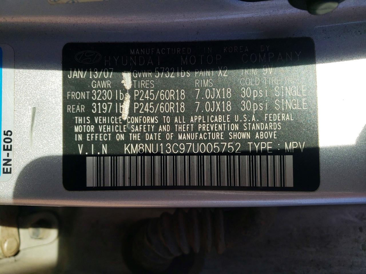 2007 Hyundai Veracruz Gls Silver vin: KM8NU13C97U005752