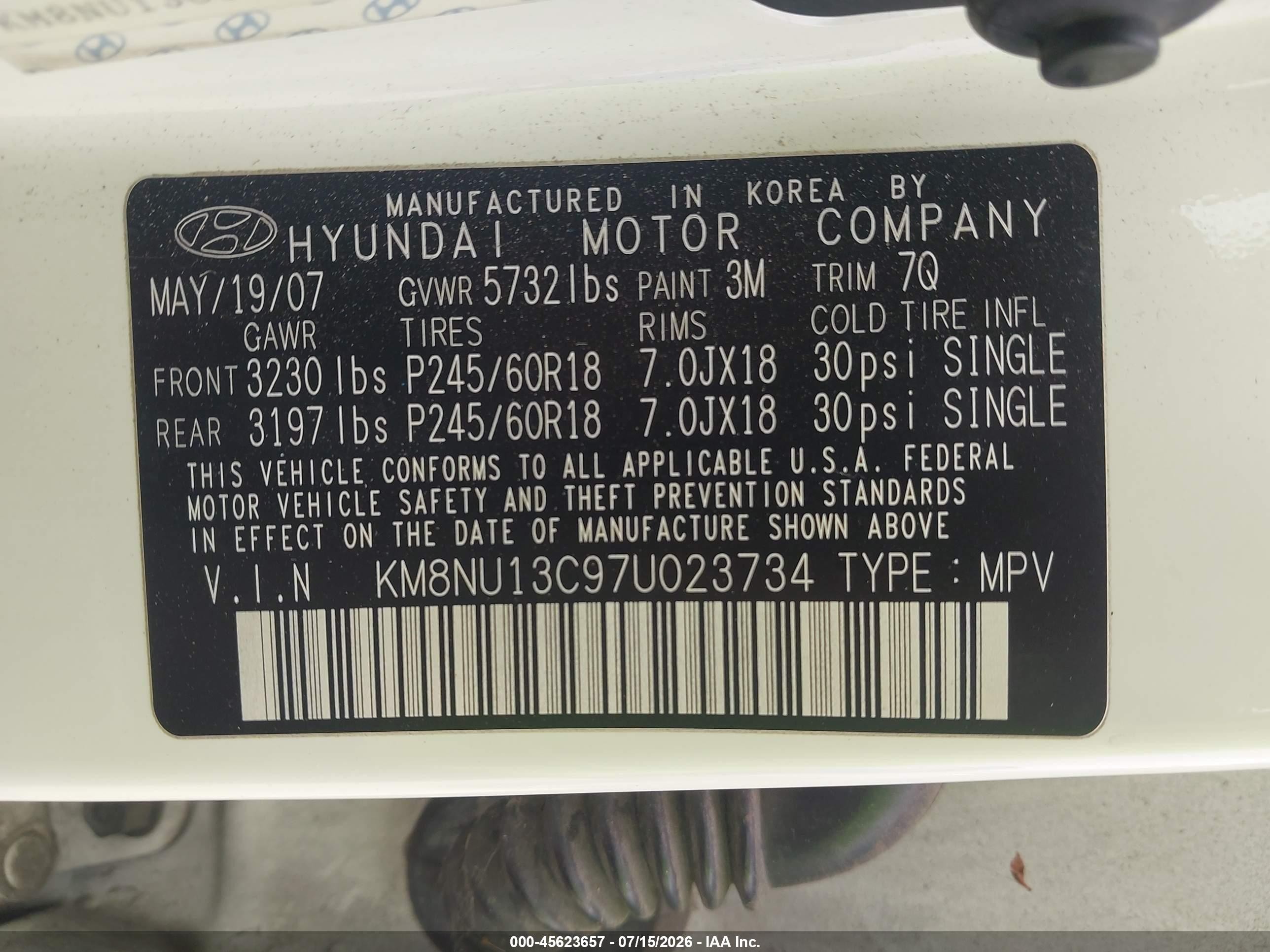 2007 Hyundai Veracruz Gls/limited/se White vin: KM8NU13C97U023734