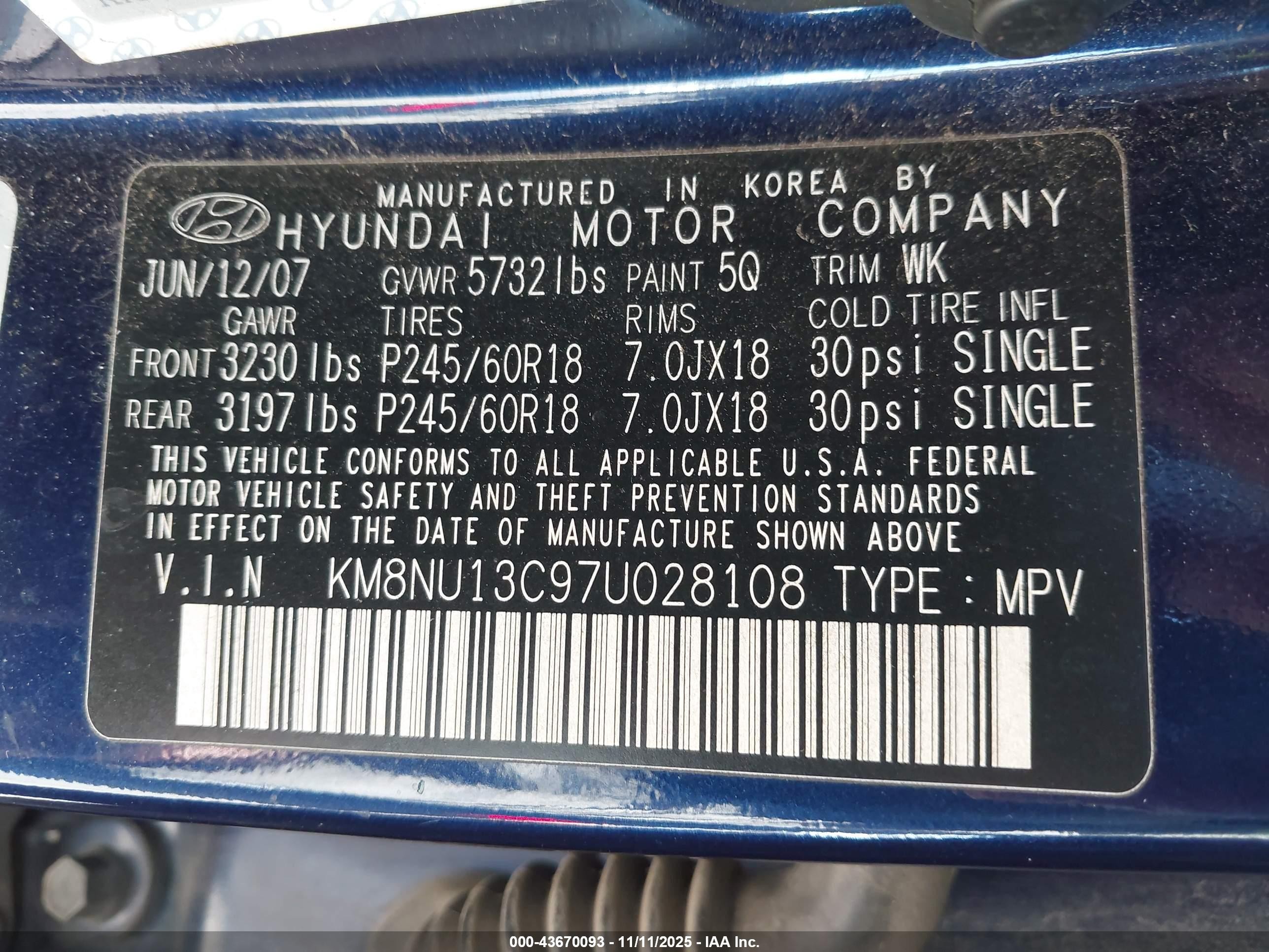 2007 Hyundai Veracruz Gls/limited/se Blue vin: KM8NU13C97U028108