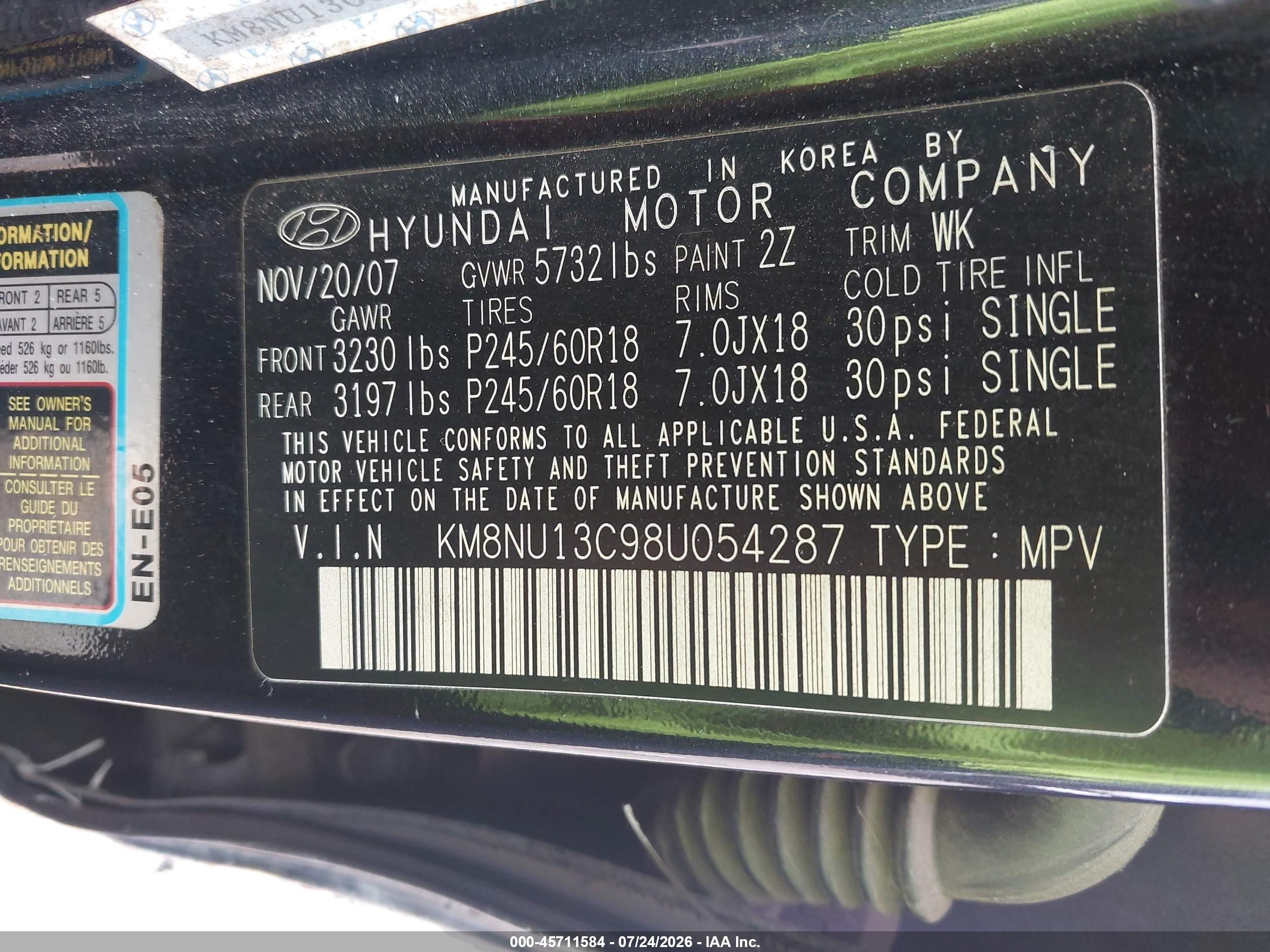 2008 Hyundai Veracruz Gls/limited/se Blue vin: KM8NU13C98U054287