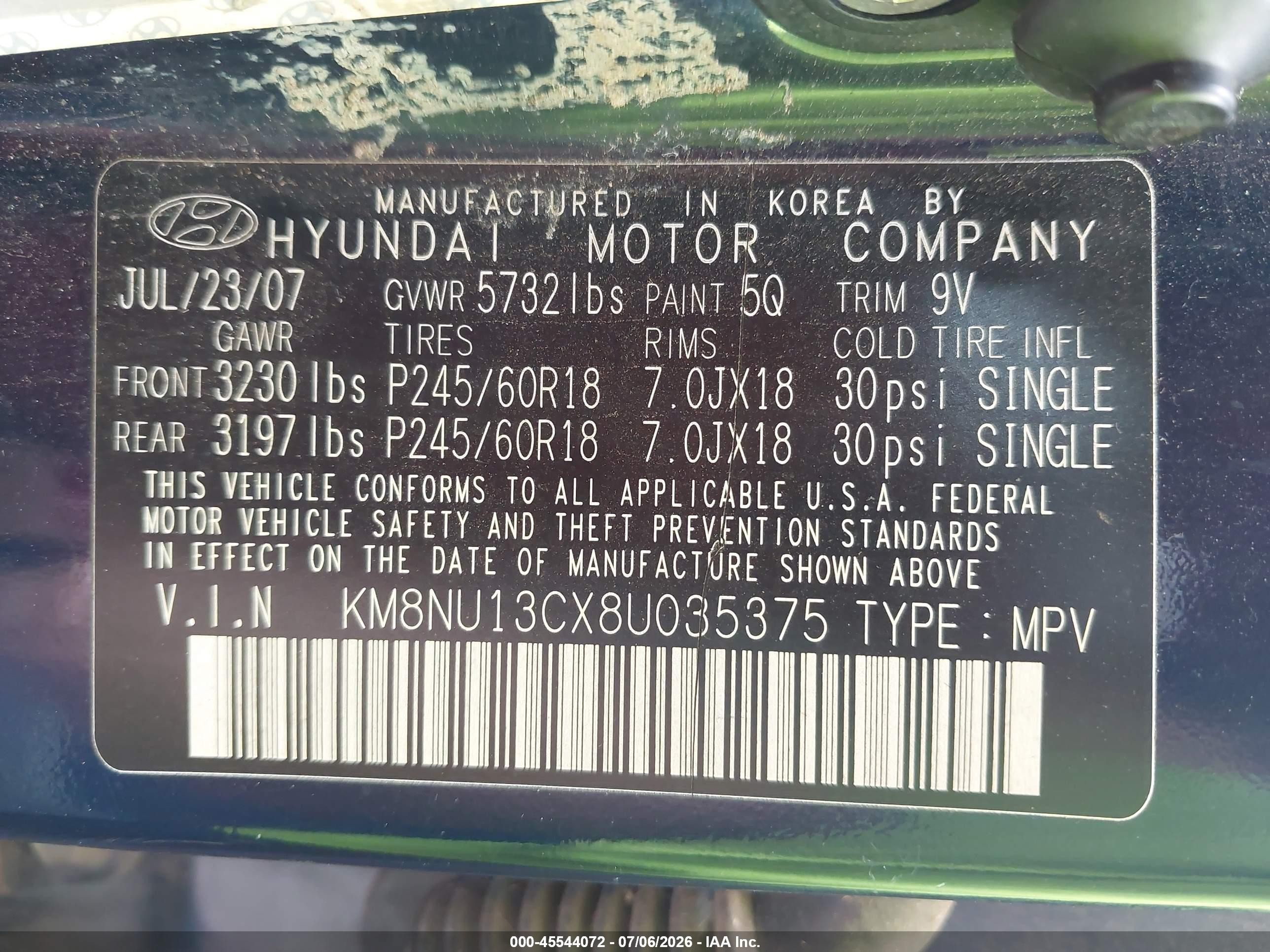 2008 Hyundai Veracruz Gls/limited/se Blue vin: KM8NU13CX8U035375