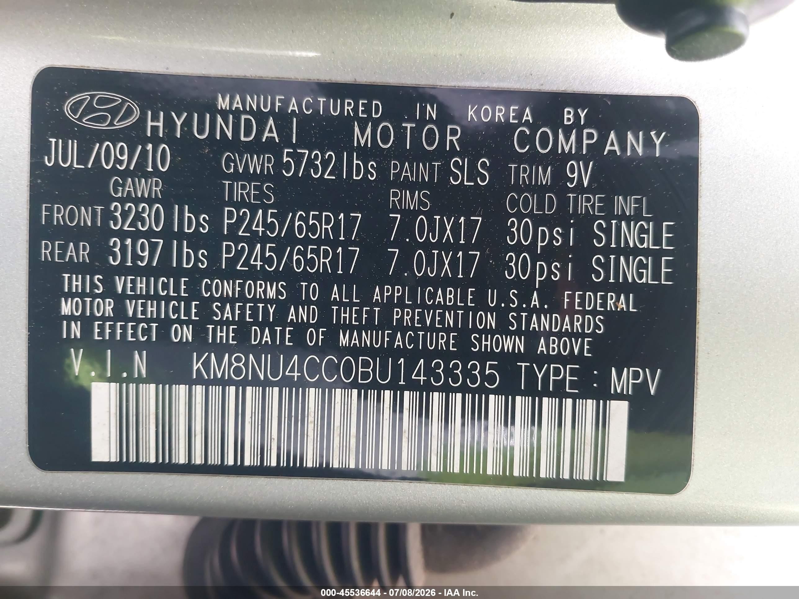 2011 Hyundai Veracruz Gls Silver vin: KM8NU4CC0BU143335