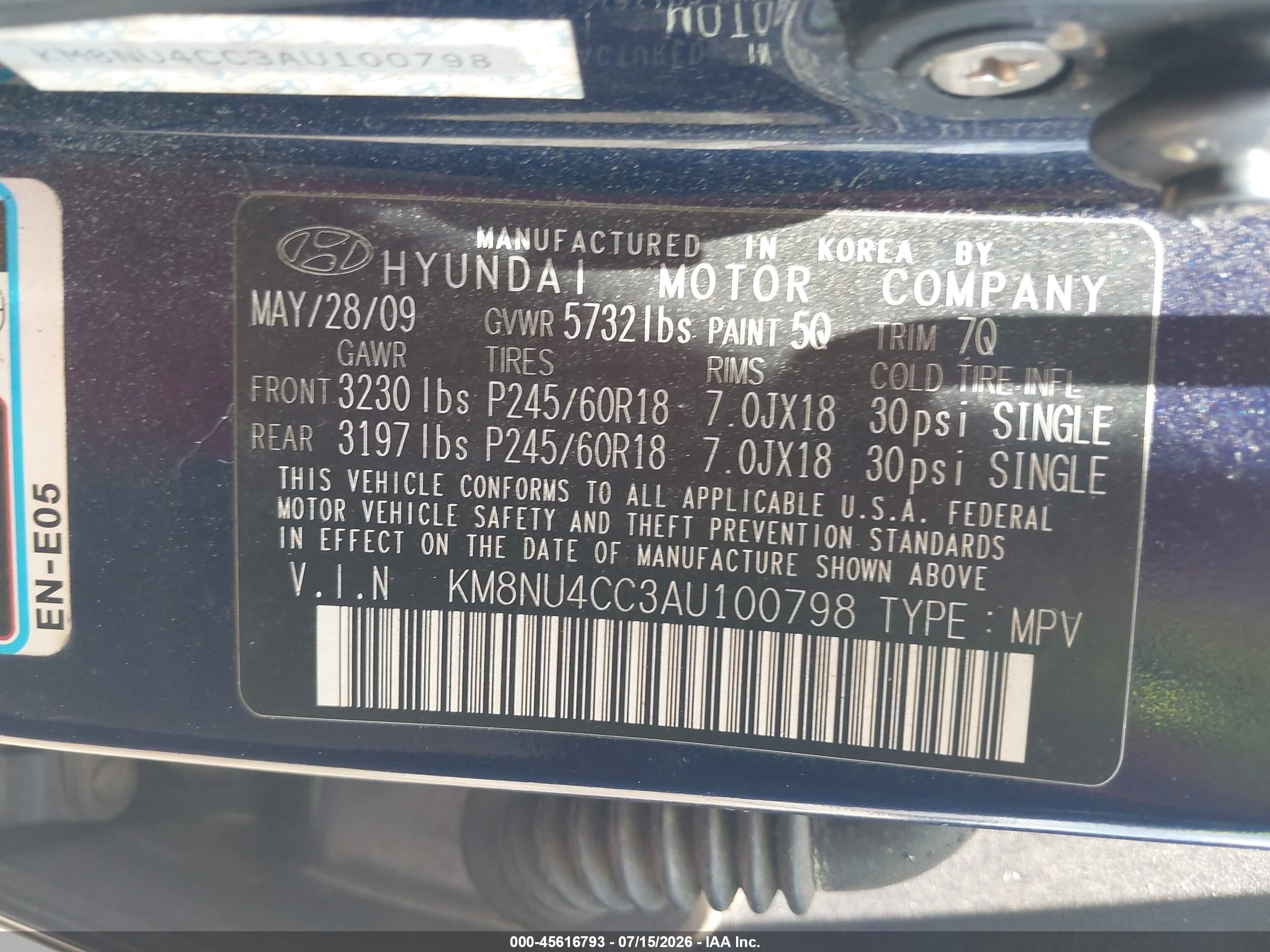 2010 Hyundai Veracruz Limited Blue vin: KM8NU4CC3AU100798