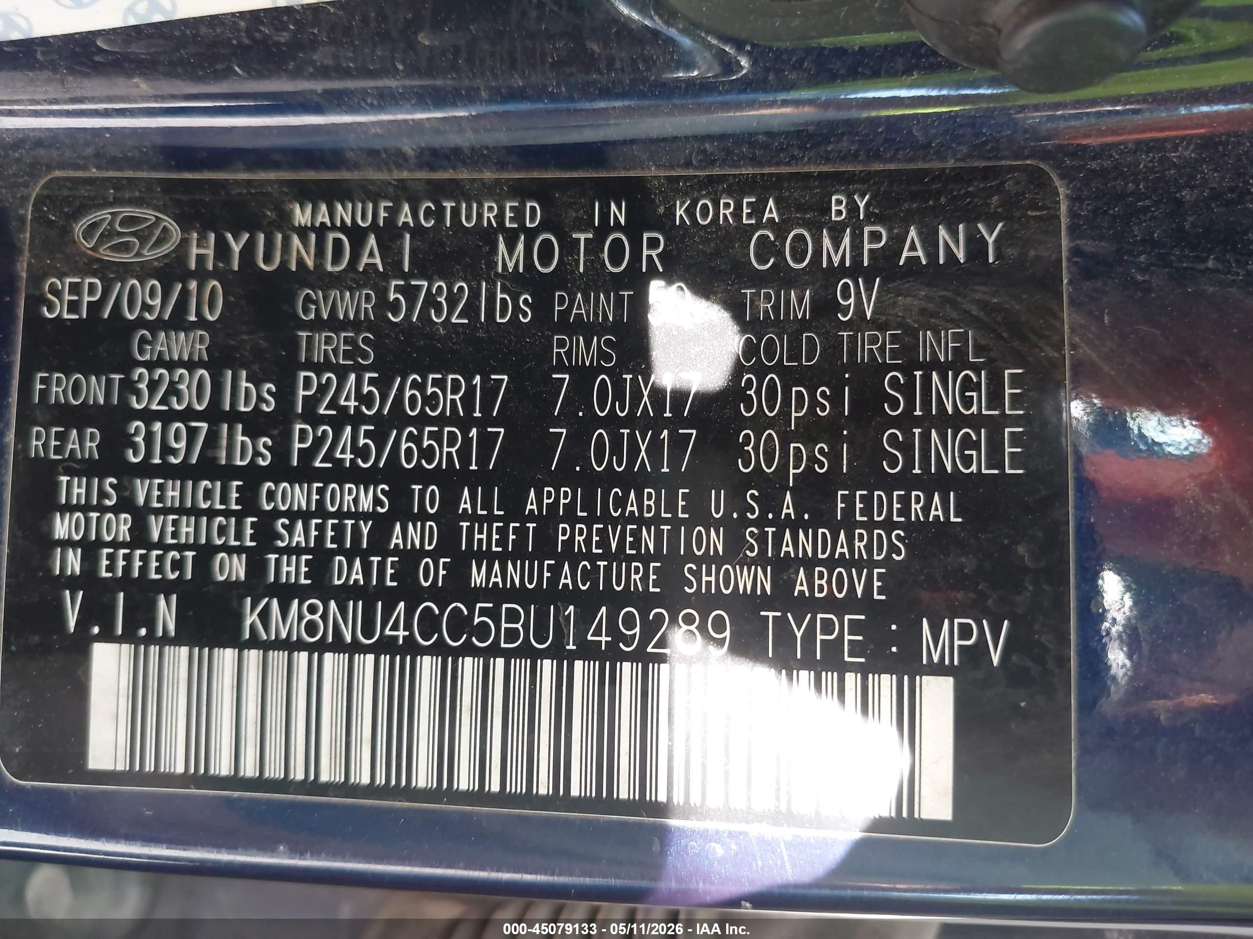 2011 Hyundai Veracruz Gls Blue vin: KM8NU4CC5BU149289
