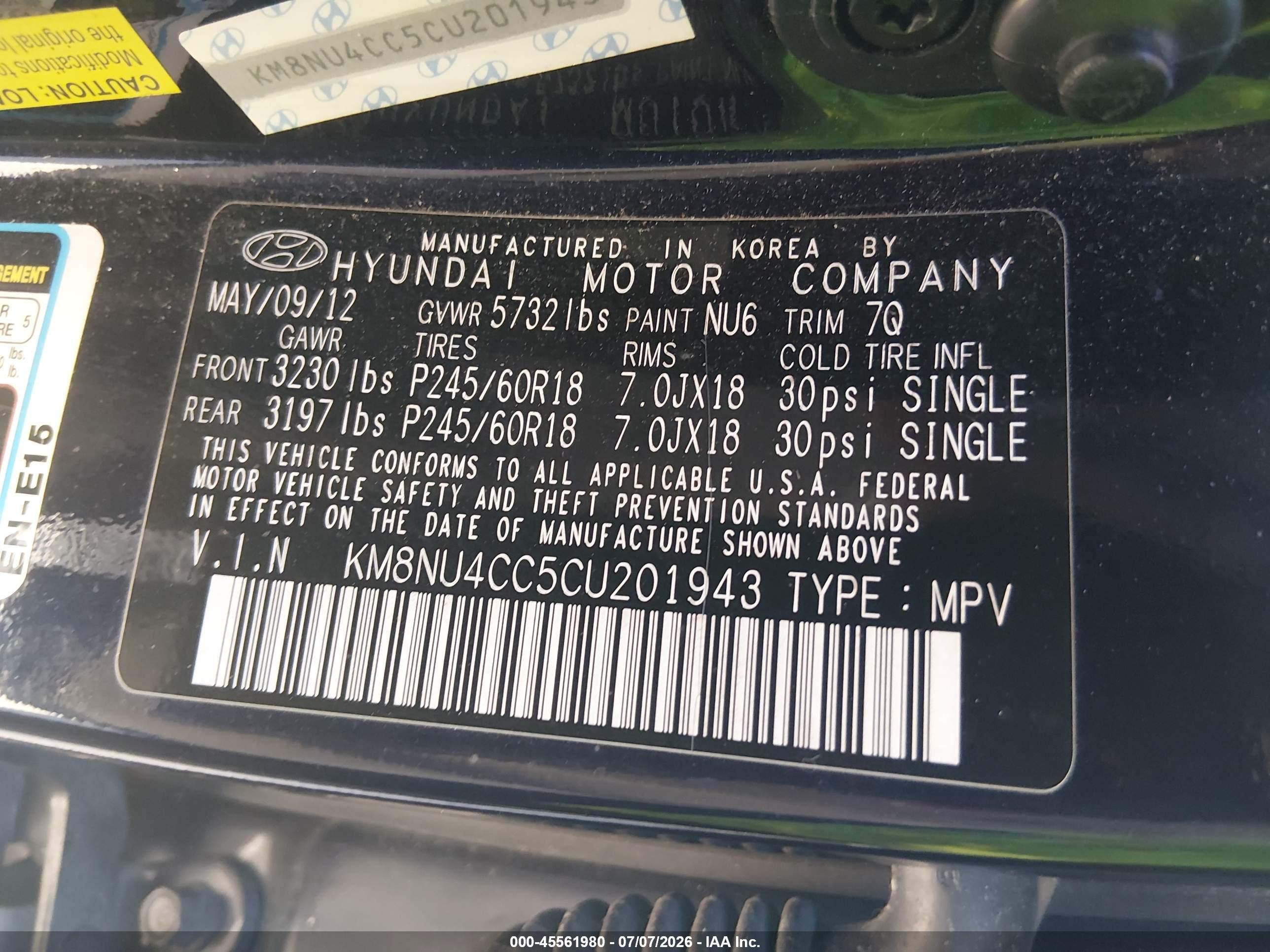 2012 Hyundai Veracruz Limited Black vin: KM8NU4CC5CU201943
