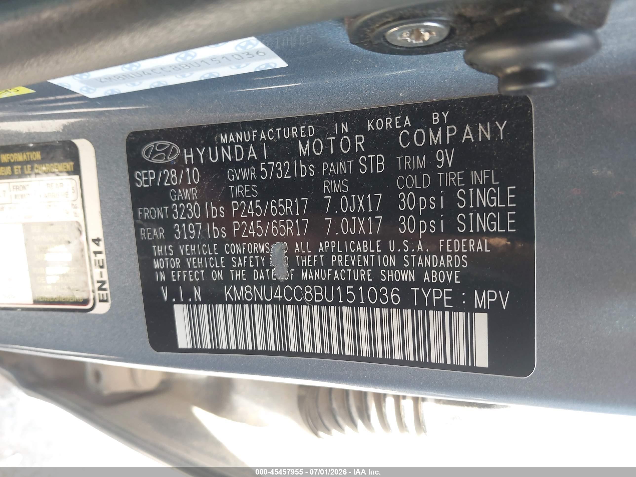 2011 Hyundai Veracruz Gls Blue vin: KM8NU4CC8BU151036