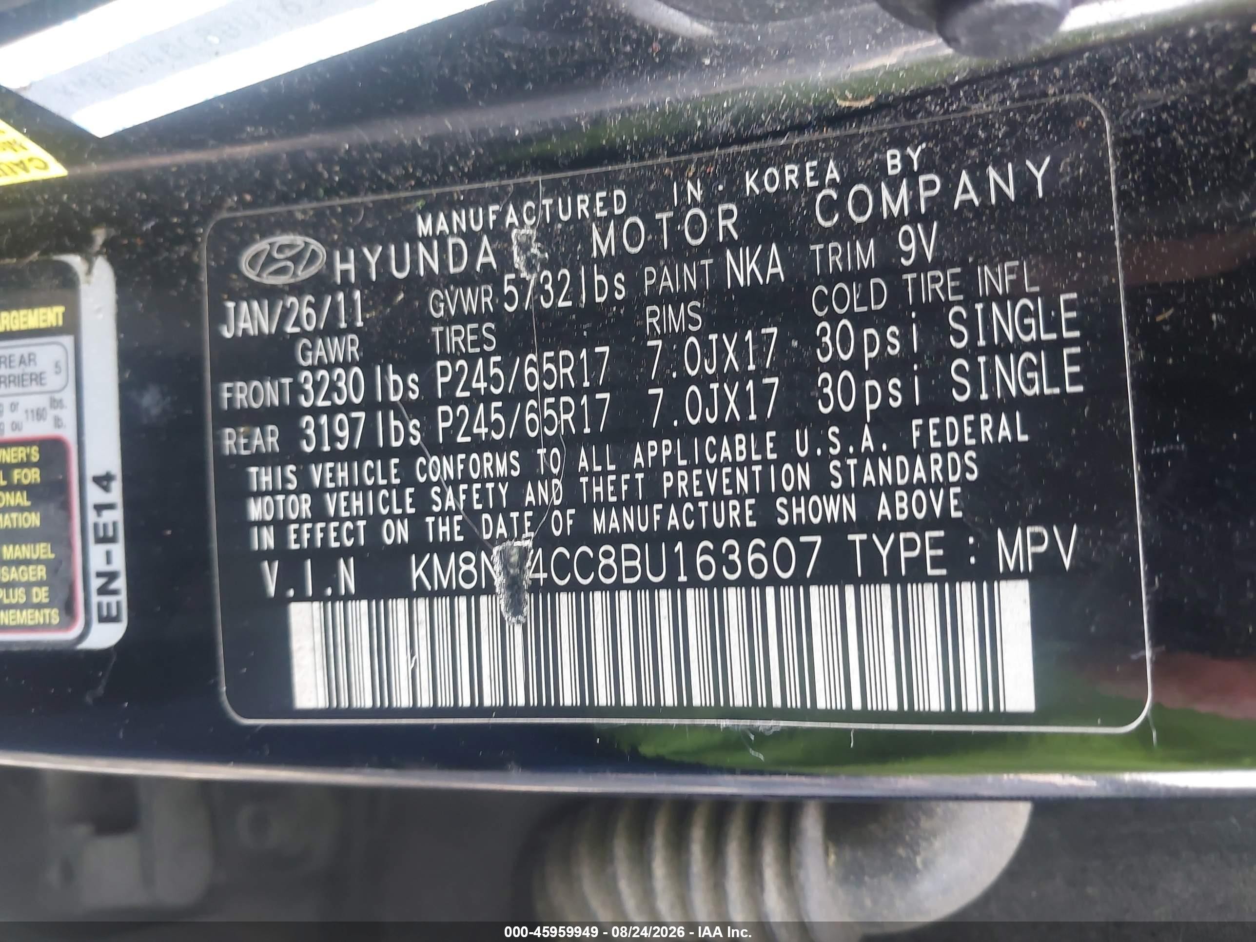 2011 Hyundai Veracruz Gls Black vin: KM8NU4CC8BU163607