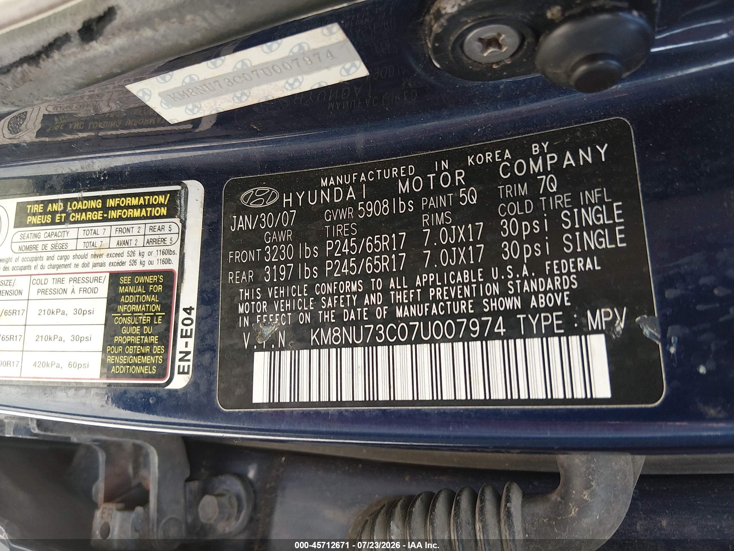 2007 Hyundai Veracruz Gls/limited/se Blue vin: KM8NU73C07U007974