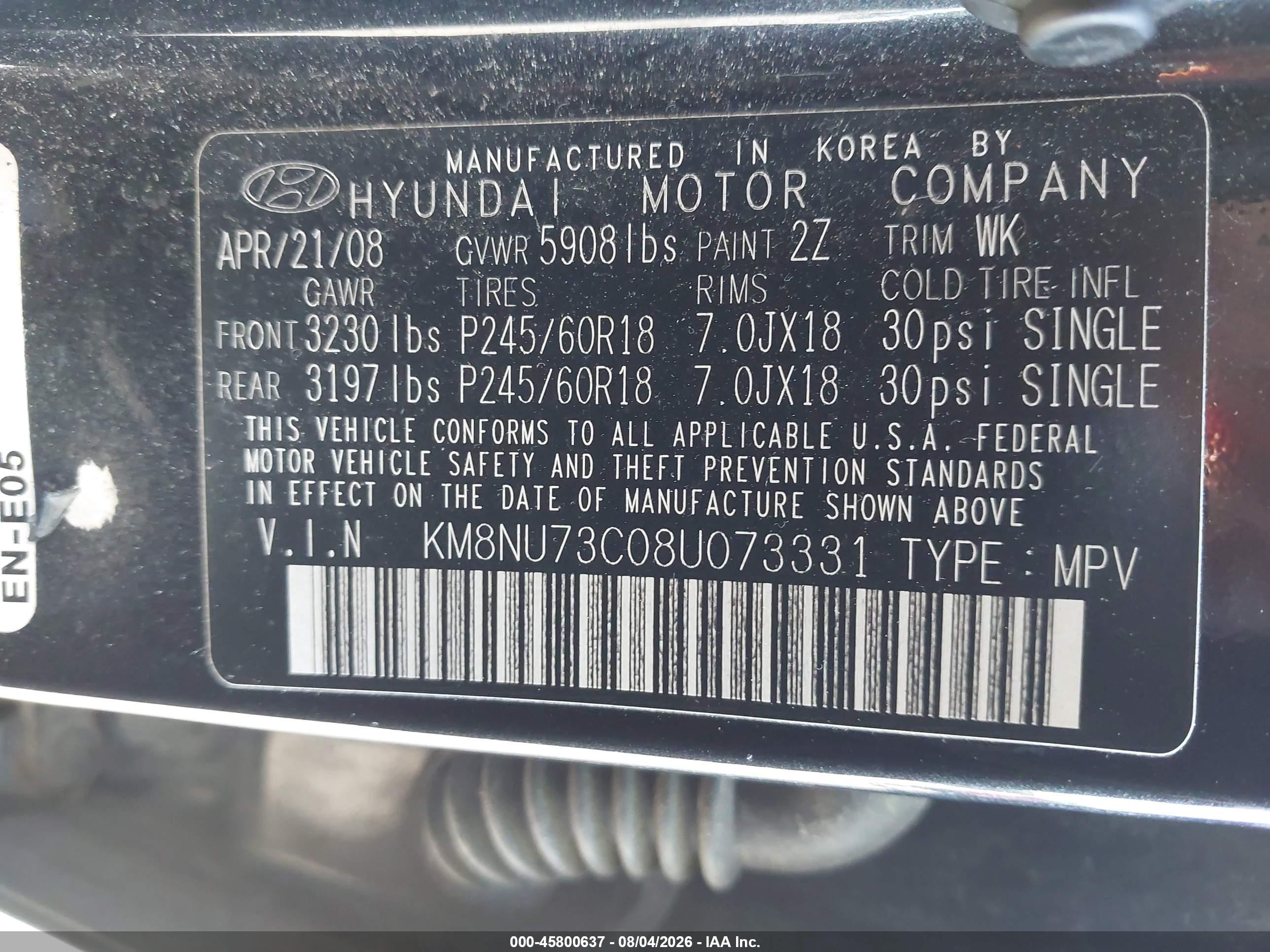 2008 Hyundai Veracruz Gls/limited/se Черный vin: KM8NU73C08U073331