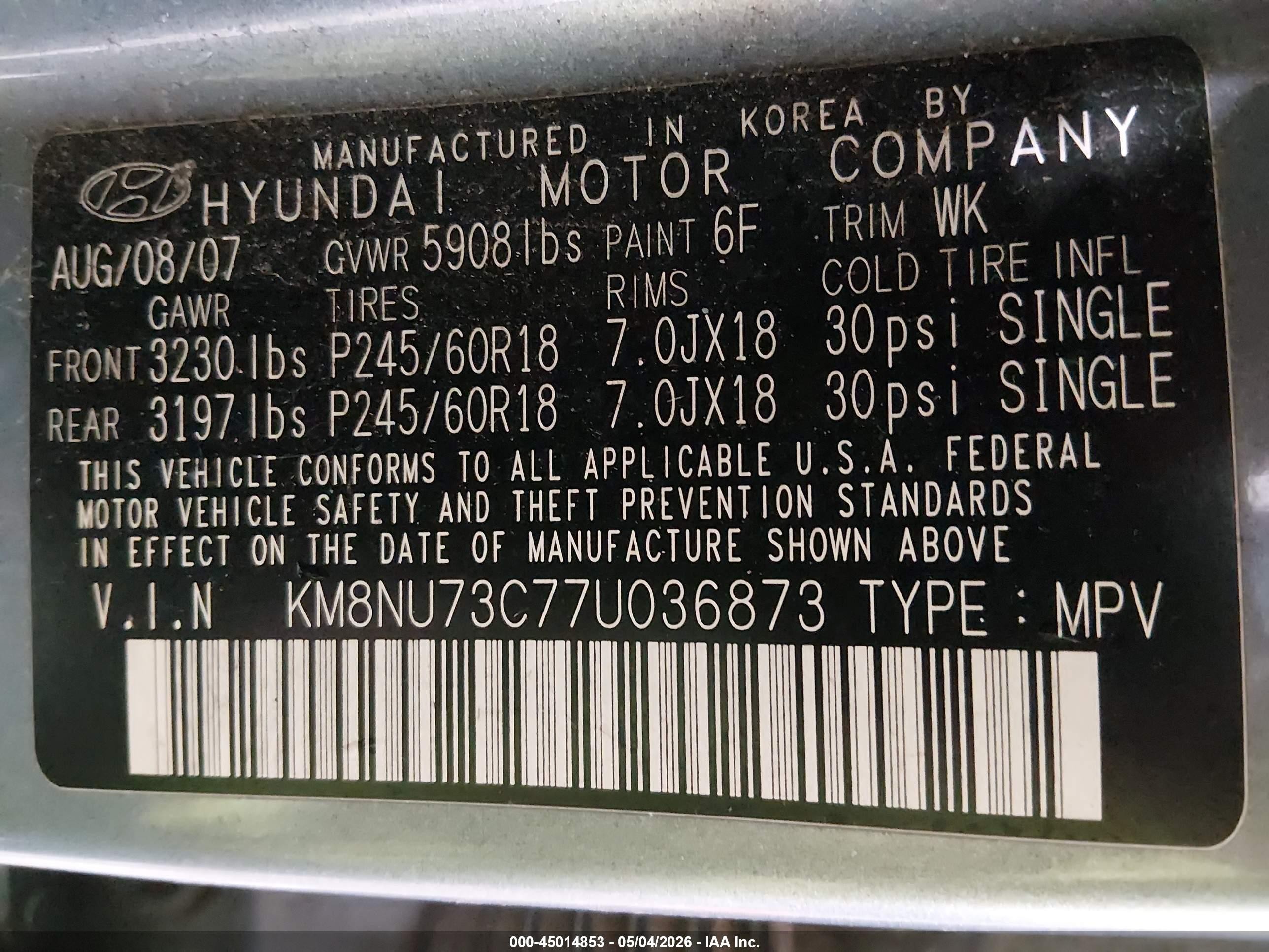 2007 Hyundai Veracruz Gls/limited/se Blue vin: KM8NU73C77U036873
