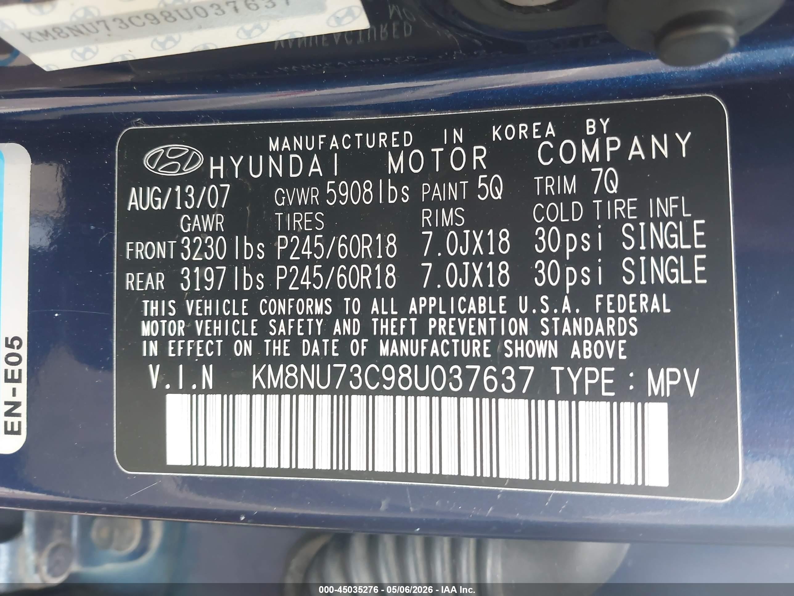 2008 Hyundai Veracruz   Dark Blue vin: KM8NU73C98U037637