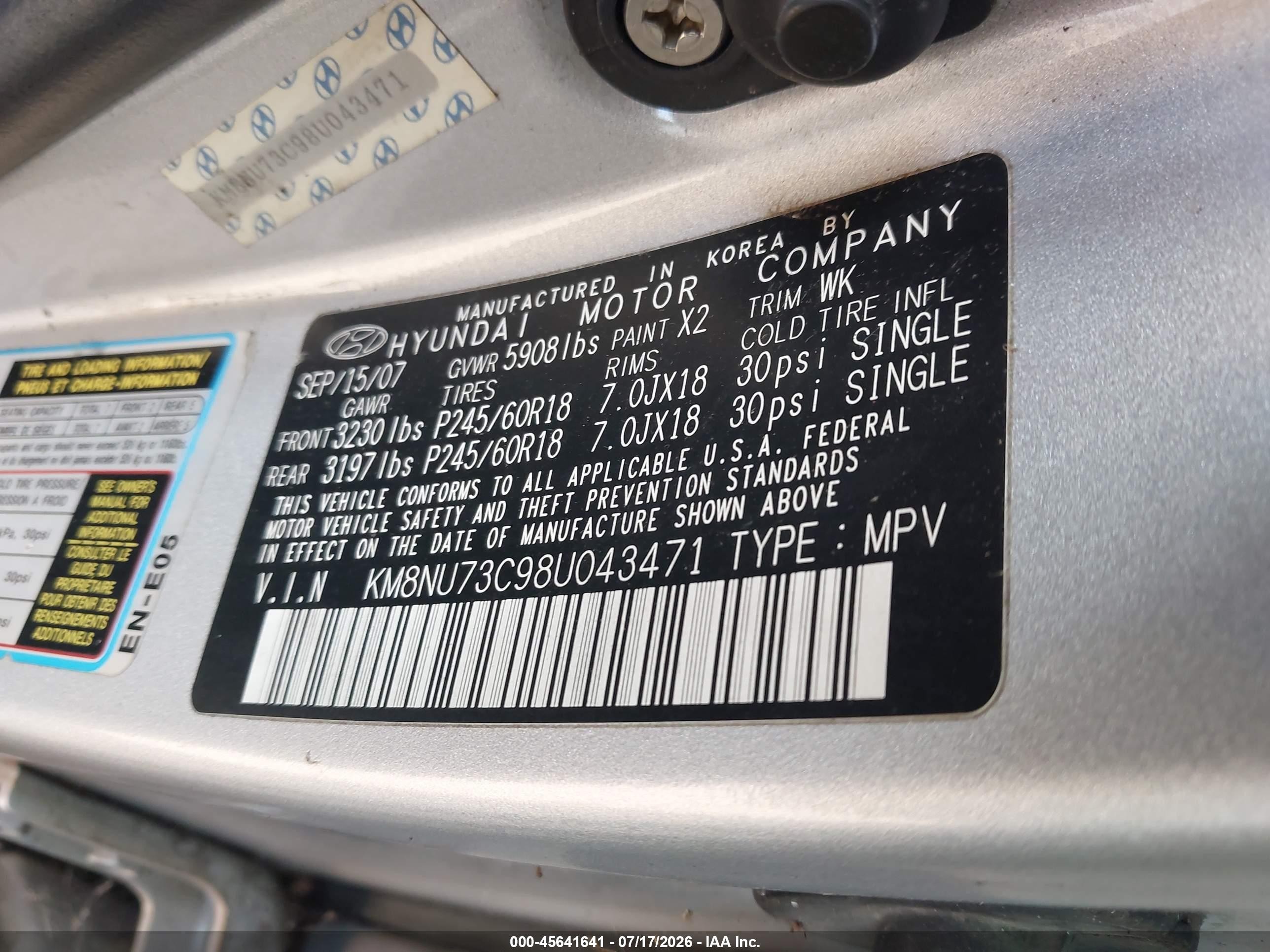 2008 Hyundai Veracruz Gls/limited/se Gray vin: KM8NU73C98U043471