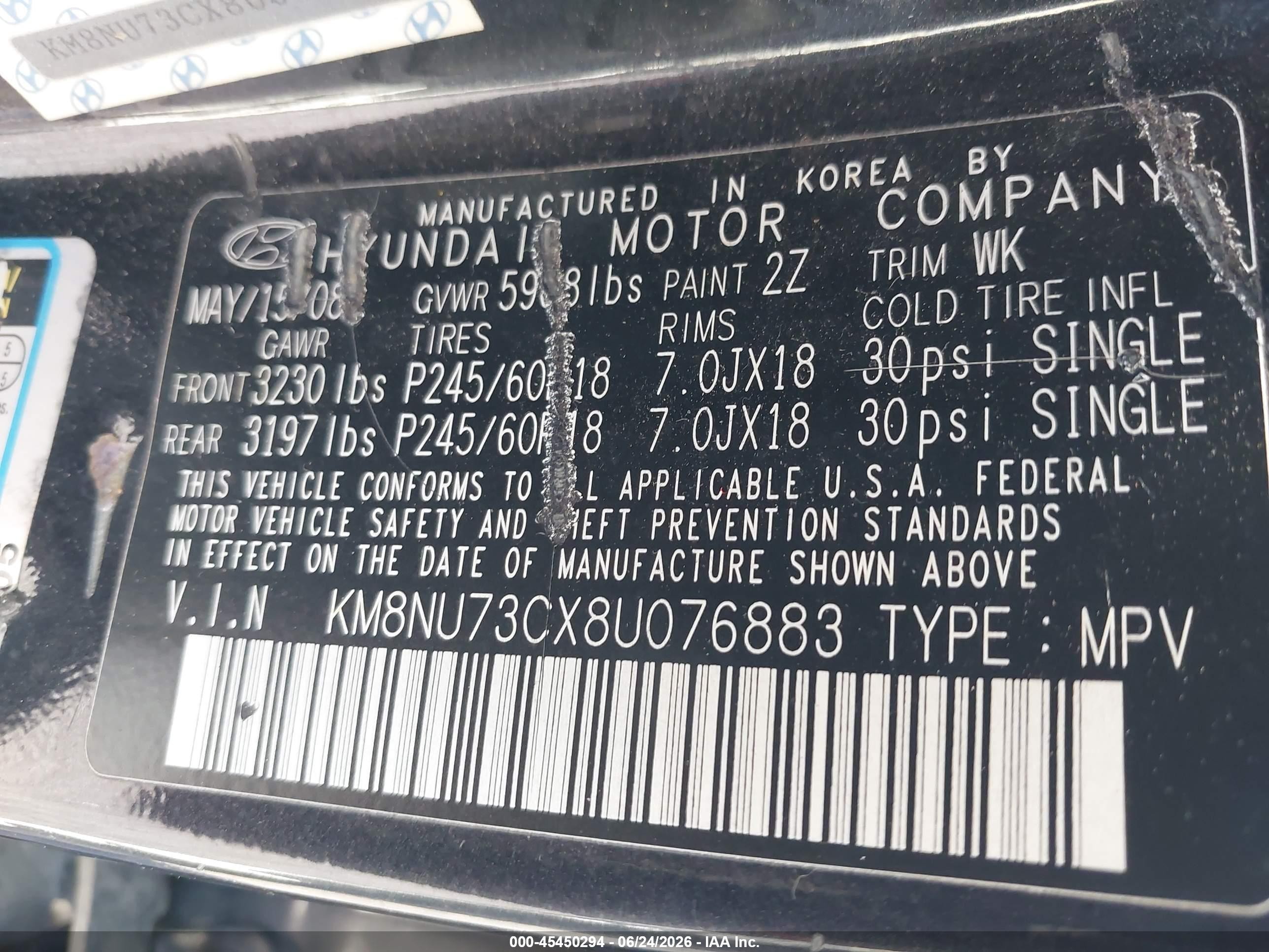 2008 Hyundai Veracruz Gls/limited/se Black vin: KM8NU73CX8U076883