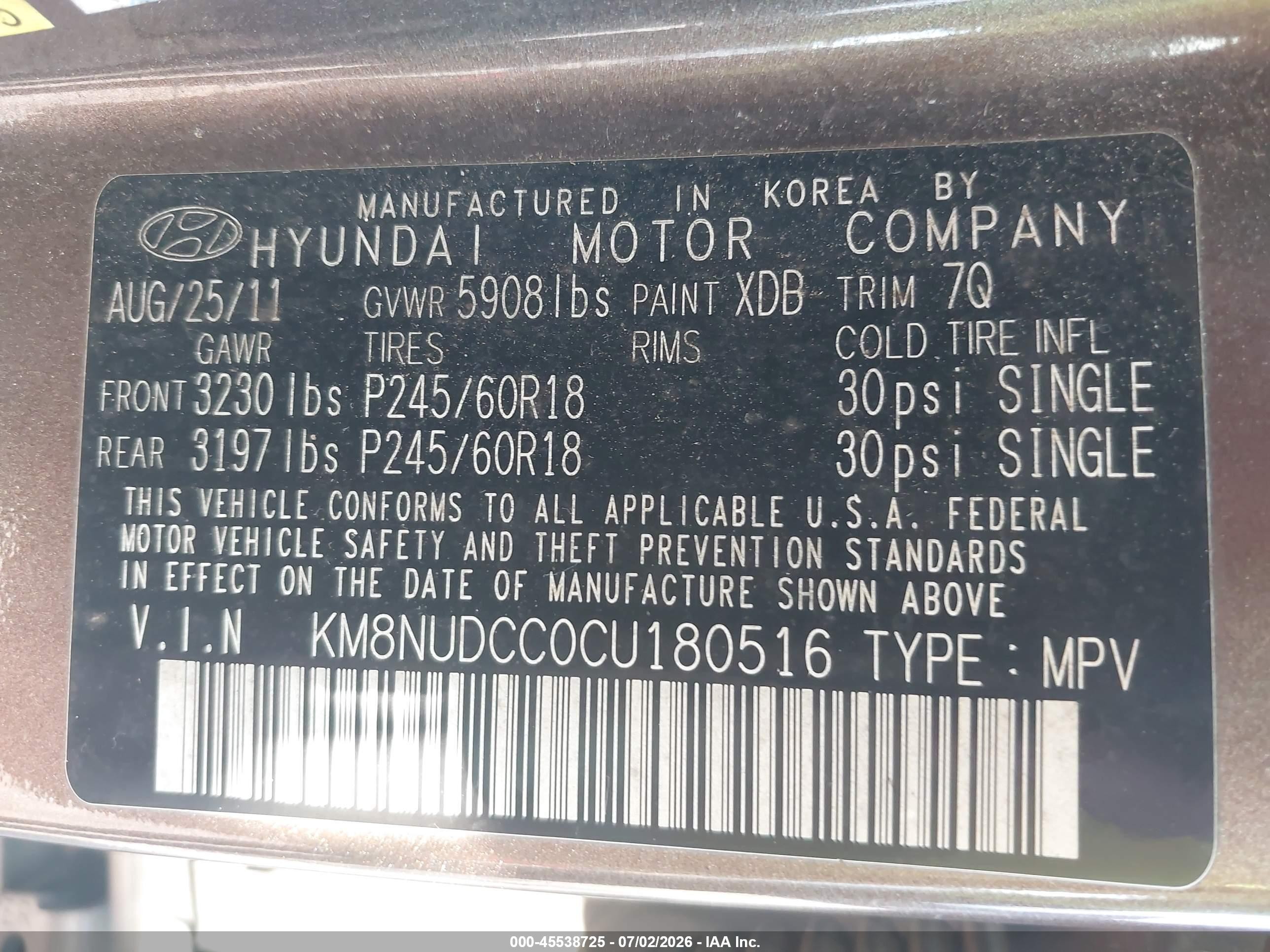 2012 Hyundai Veracruz Limited Blue vin: KM8NUDCC0CU180516