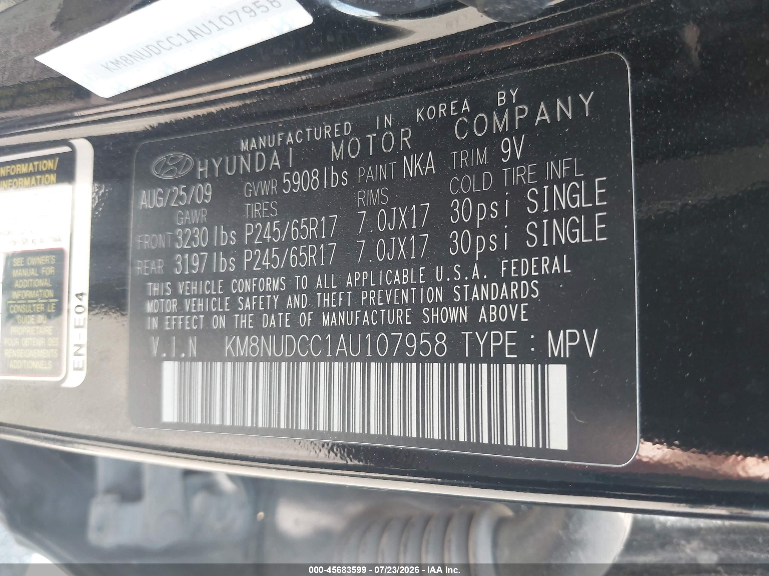 2010 Hyundai Veracruz Gls Black vin: KM8NUDCC1AU107958