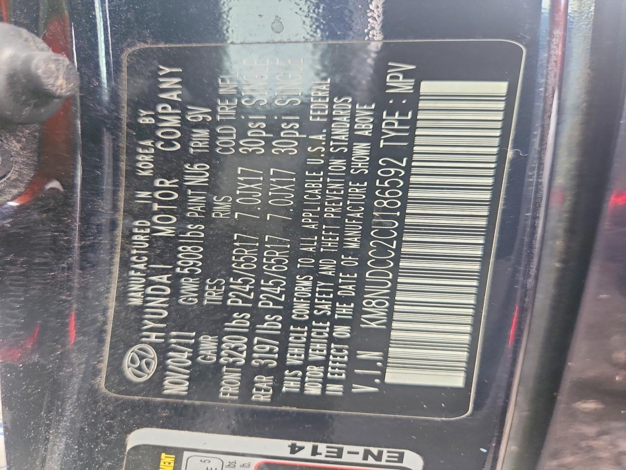2012 Hyundai Veracruz Gls Blue vin: KM8NUDCC2CU186592