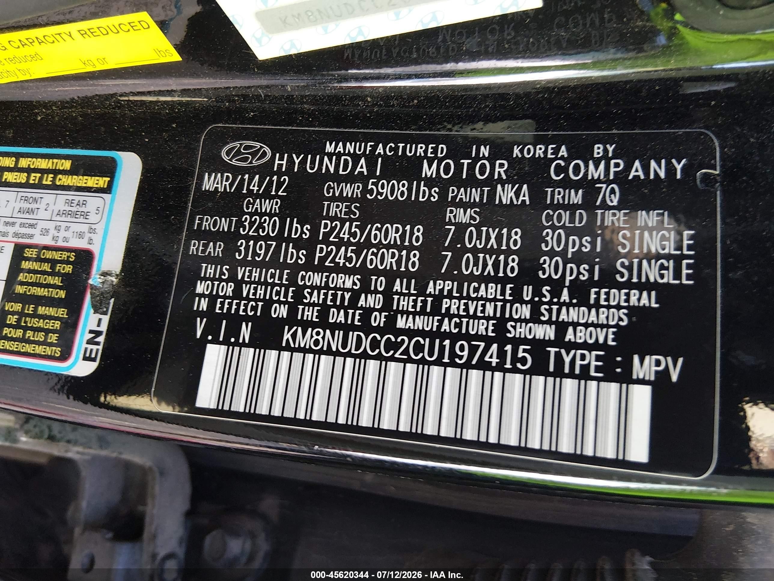 2012 Hyundai Veracruz Limited Black vin: KM8NUDCC2CU197415